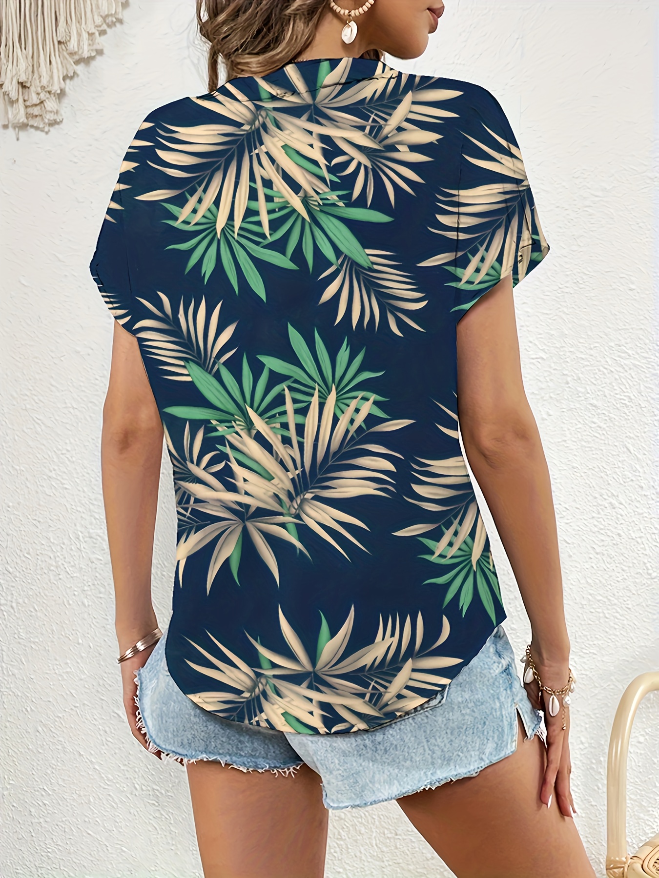 plant print blouse casual v neck short sleeve summer blouse womens clothing details 2