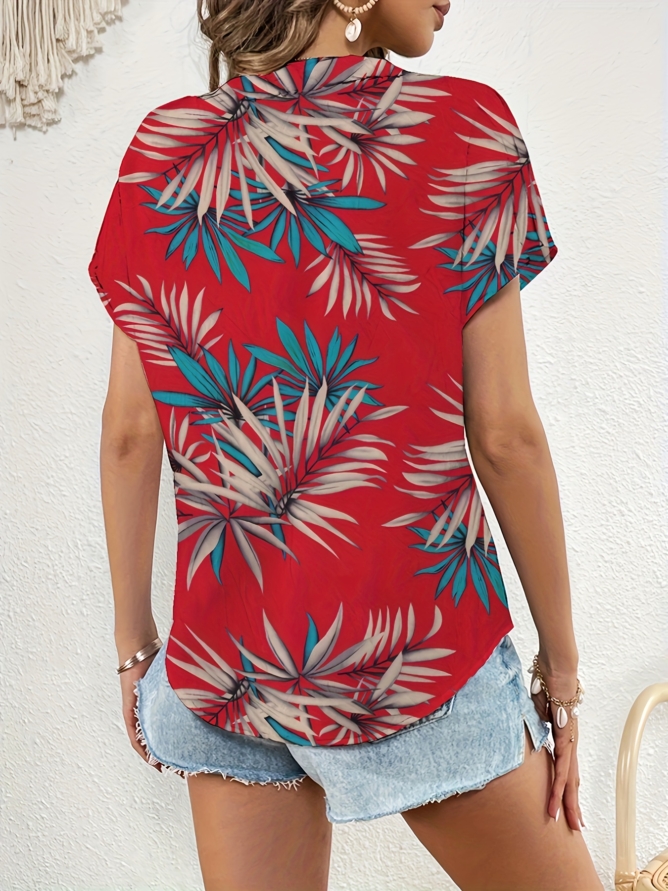 plant print blouse casual v neck short sleeve summer blouse womens clothing details 11