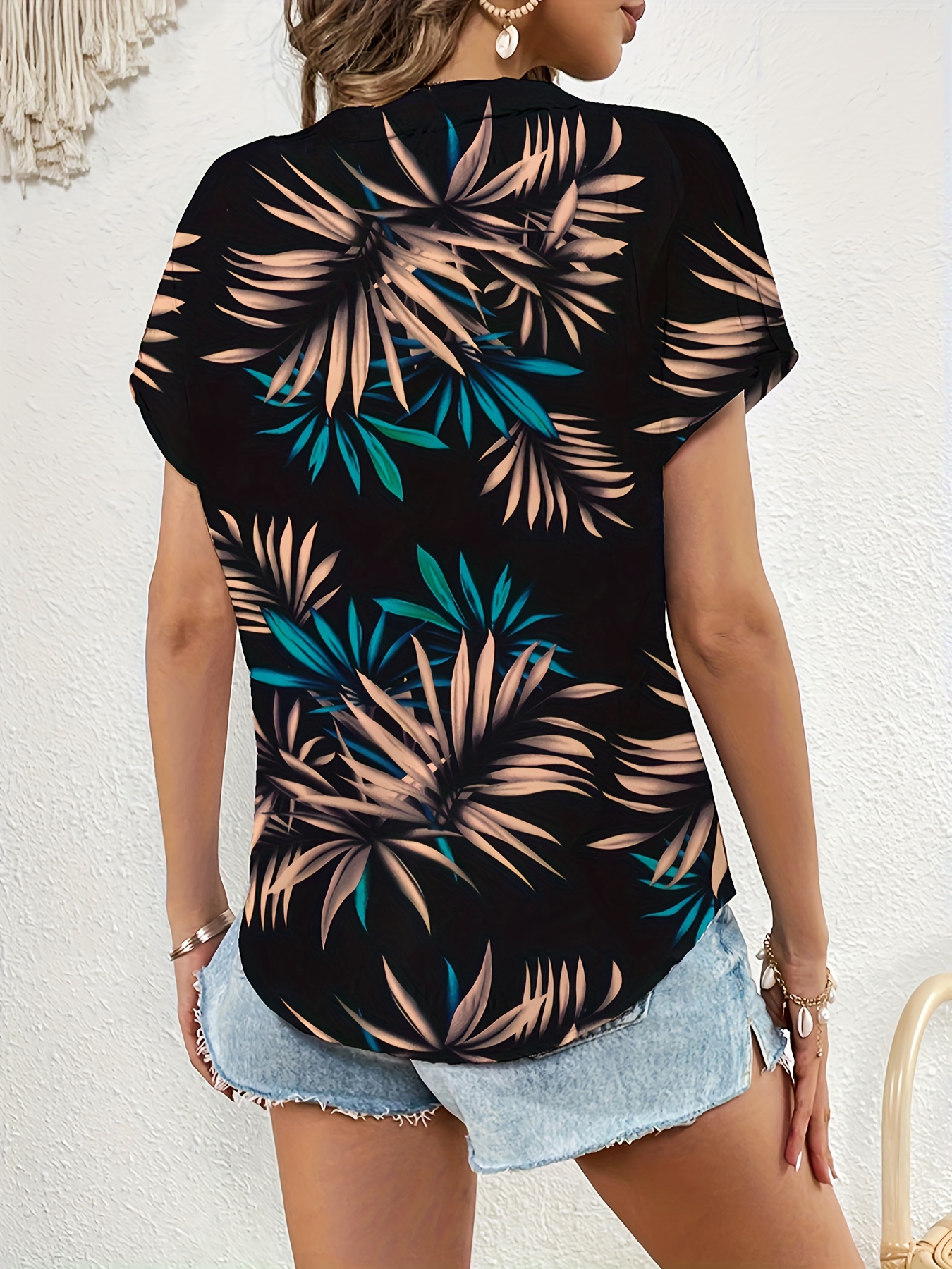 plant print blouse casual v neck short sleeve summer blouse womens clothing details 16