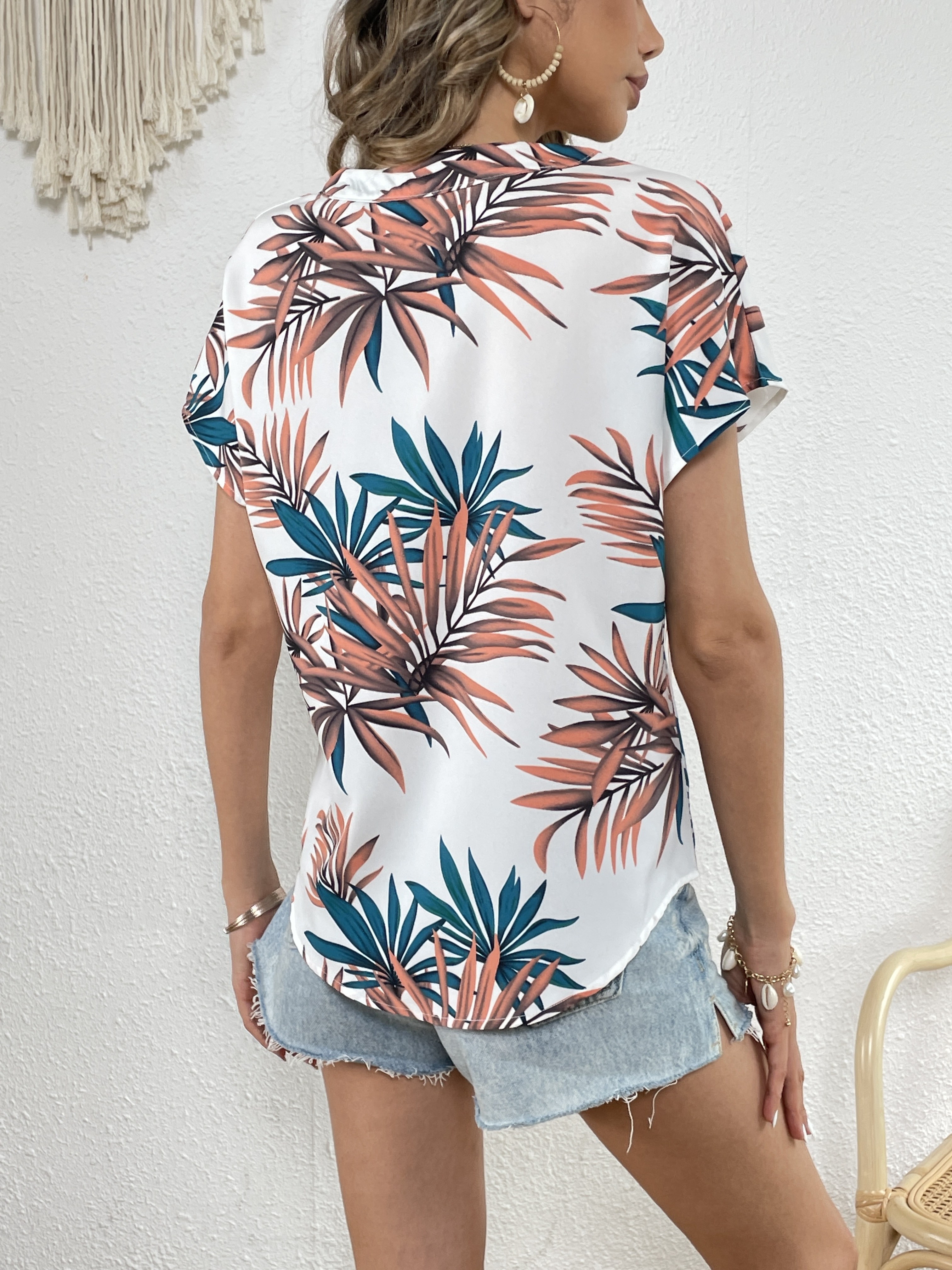 plant print blouse casual v neck short sleeve summer blouse womens clothing details 20