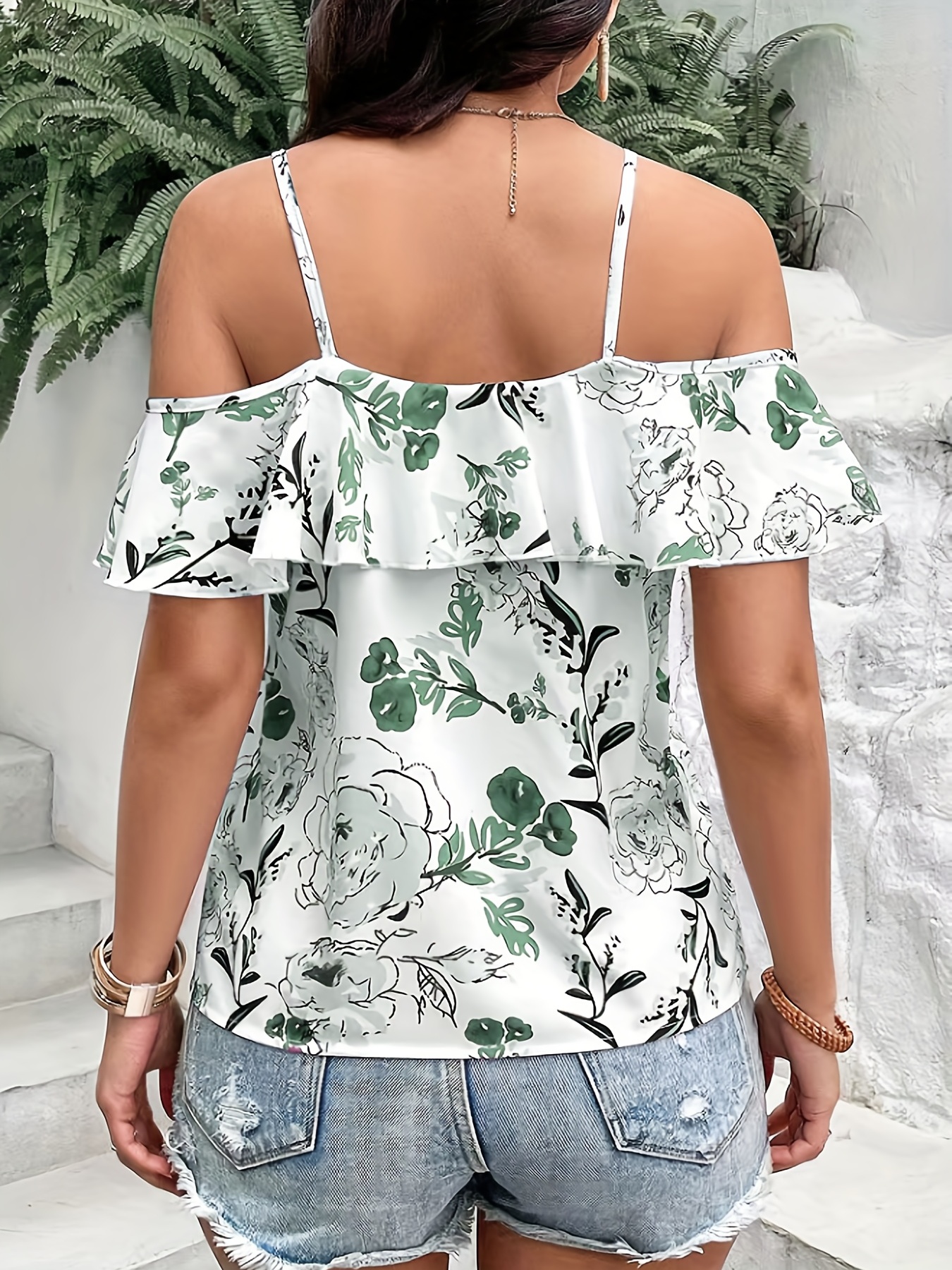 boho floral print spaghetti blouse vacation cold shoulder ruffle trim summer tops womens clothing details 2