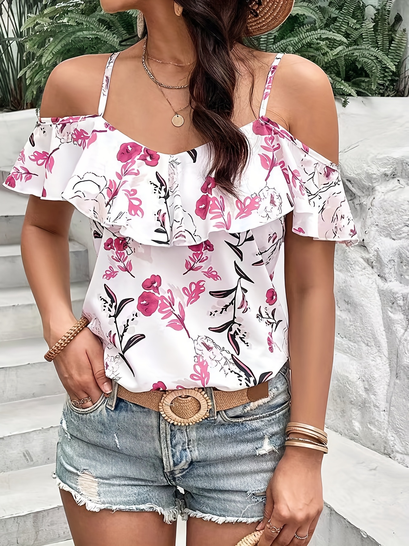 boho floral print spaghetti blouse vacation cold shoulder ruffle trim summer tops womens clothing details 4