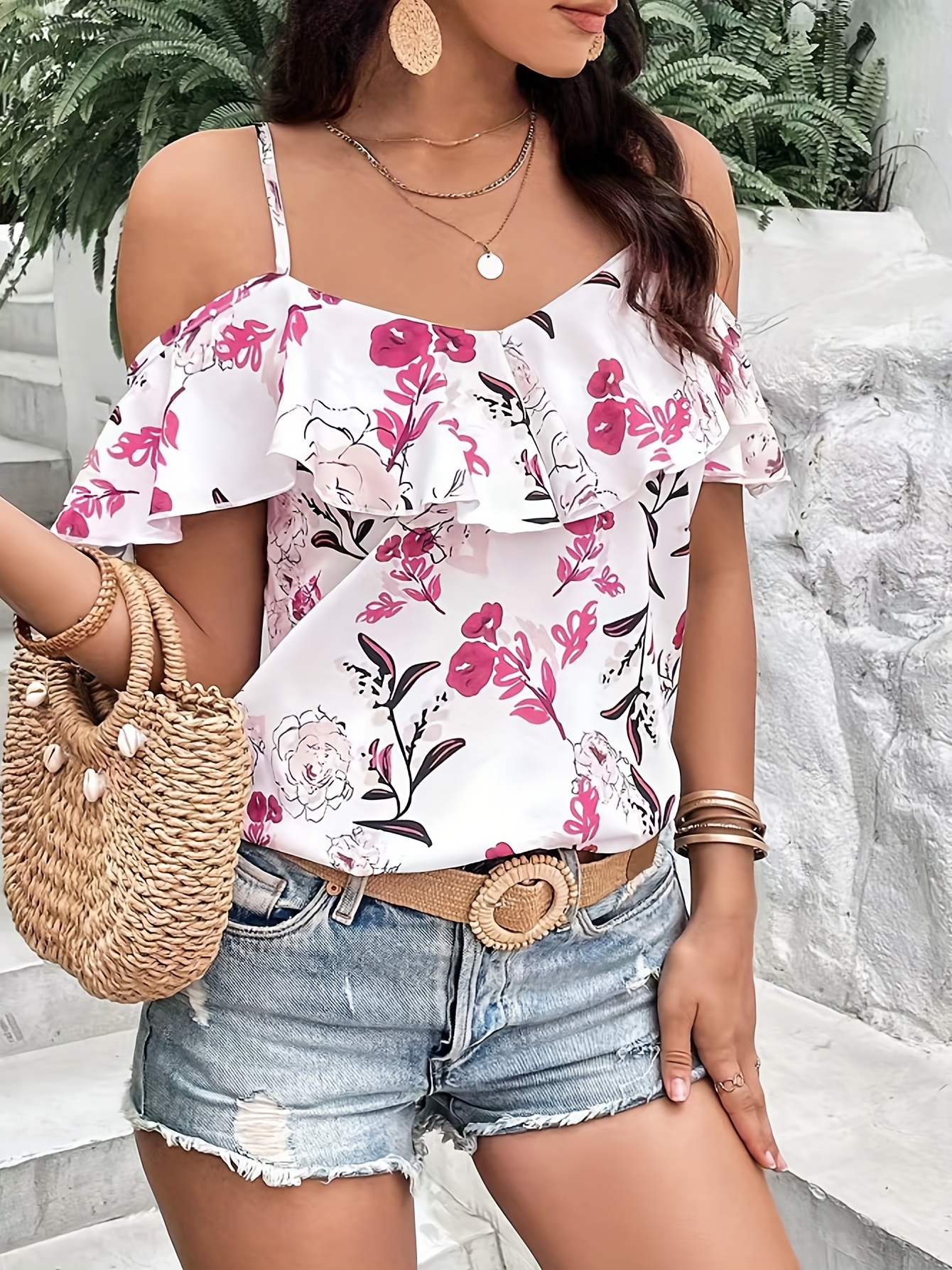 boho floral print spaghetti blouse vacation cold shoulder ruffle trim summer tops womens clothing details 5