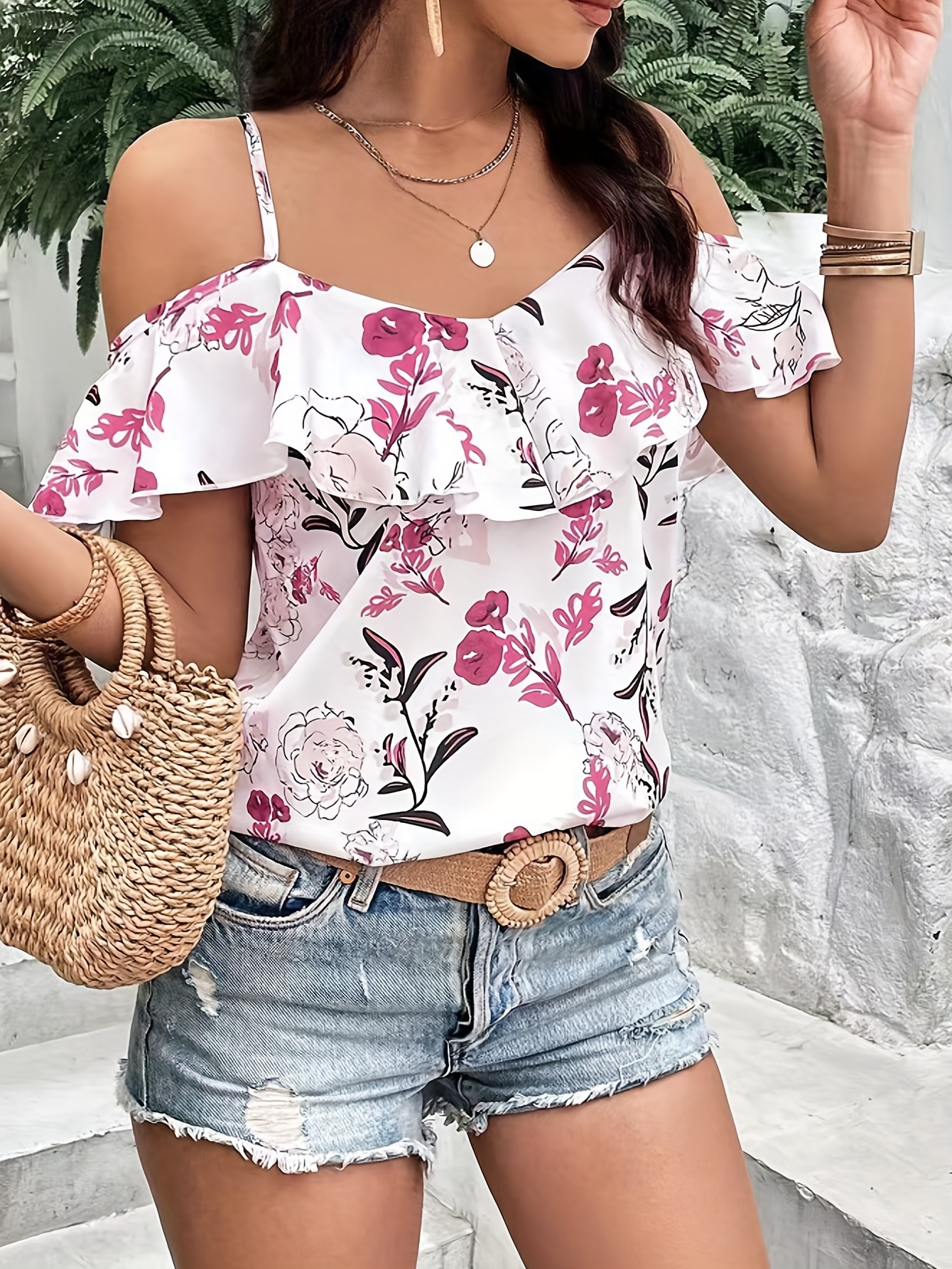 boho floral print spaghetti blouse vacation cold shoulder ruffle trim summer tops womens clothing details 6