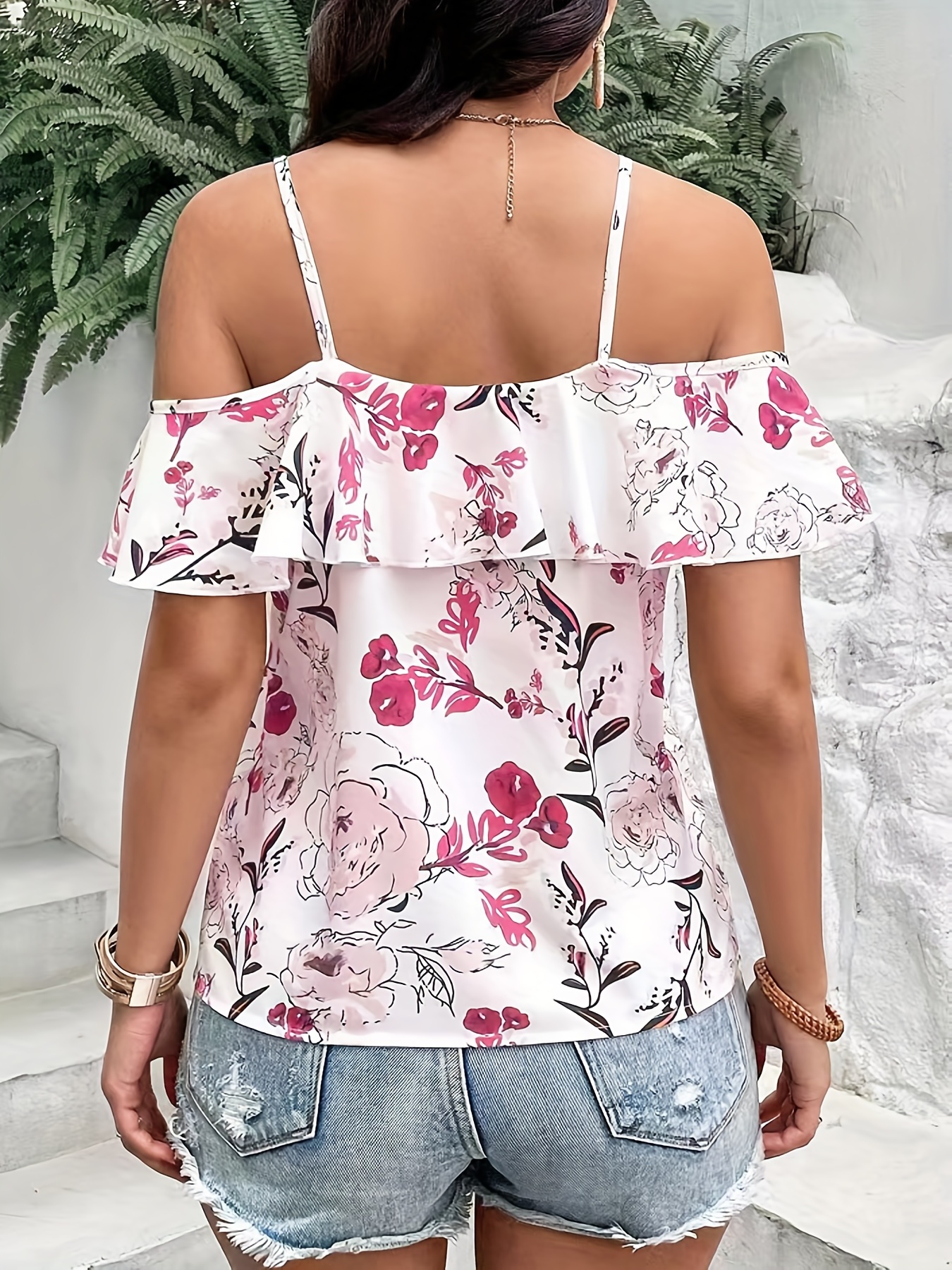 boho floral print spaghetti blouse vacation cold shoulder ruffle trim summer tops womens clothing details 7