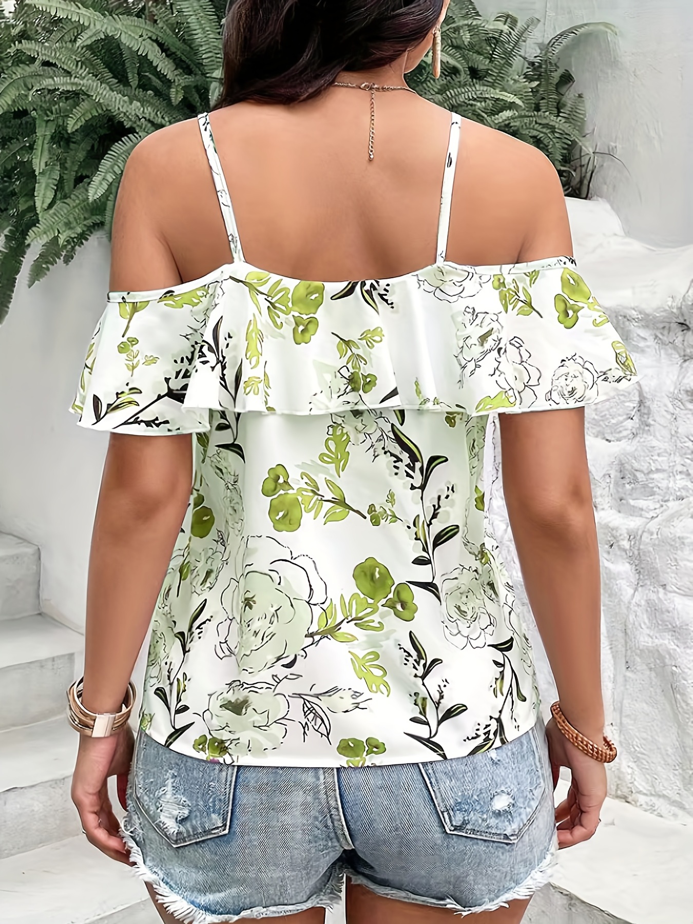 boho floral print spaghetti blouse vacation cold shoulder ruffle trim summer tops womens clothing details 10