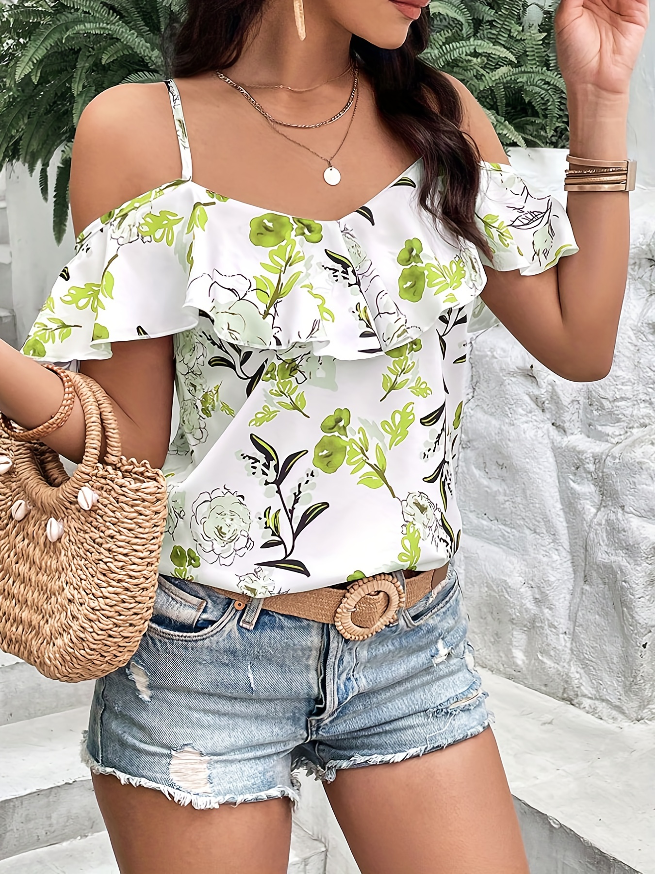 boho floral print spaghetti blouse vacation cold shoulder ruffle trim summer tops womens clothing details 12