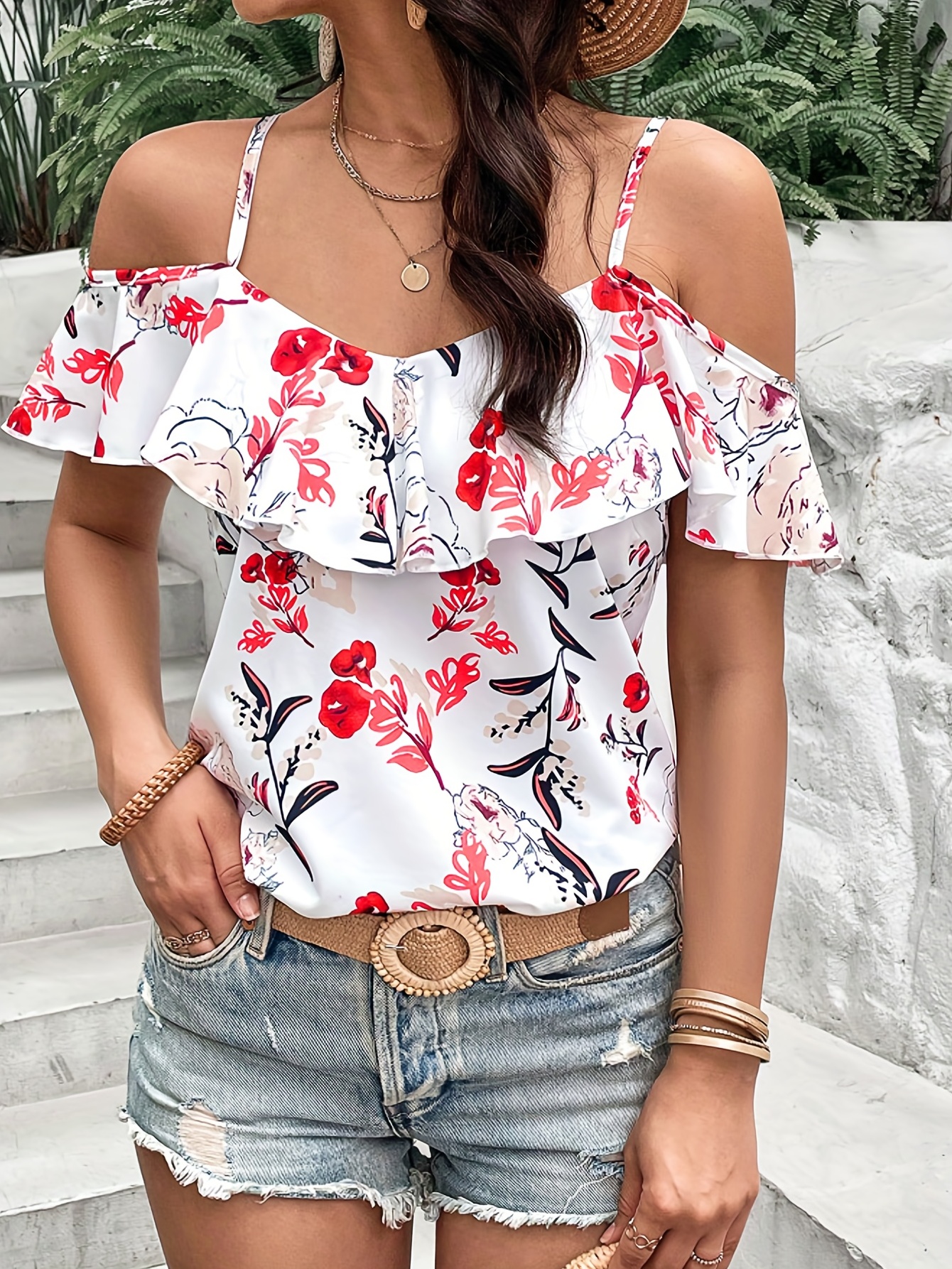 boho floral print spaghetti blouse vacation cold shoulder ruffle trim summer tops womens clothing details 15