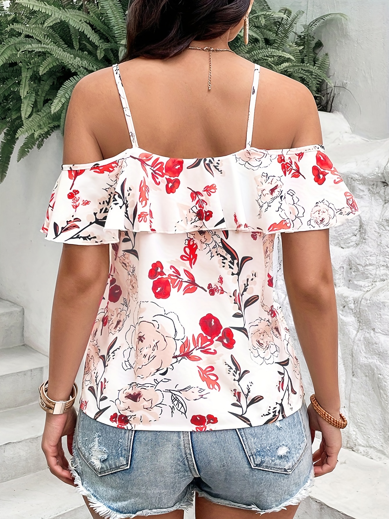 boho floral print spaghetti blouse vacation cold shoulder ruffle trim summer tops womens clothing details 17