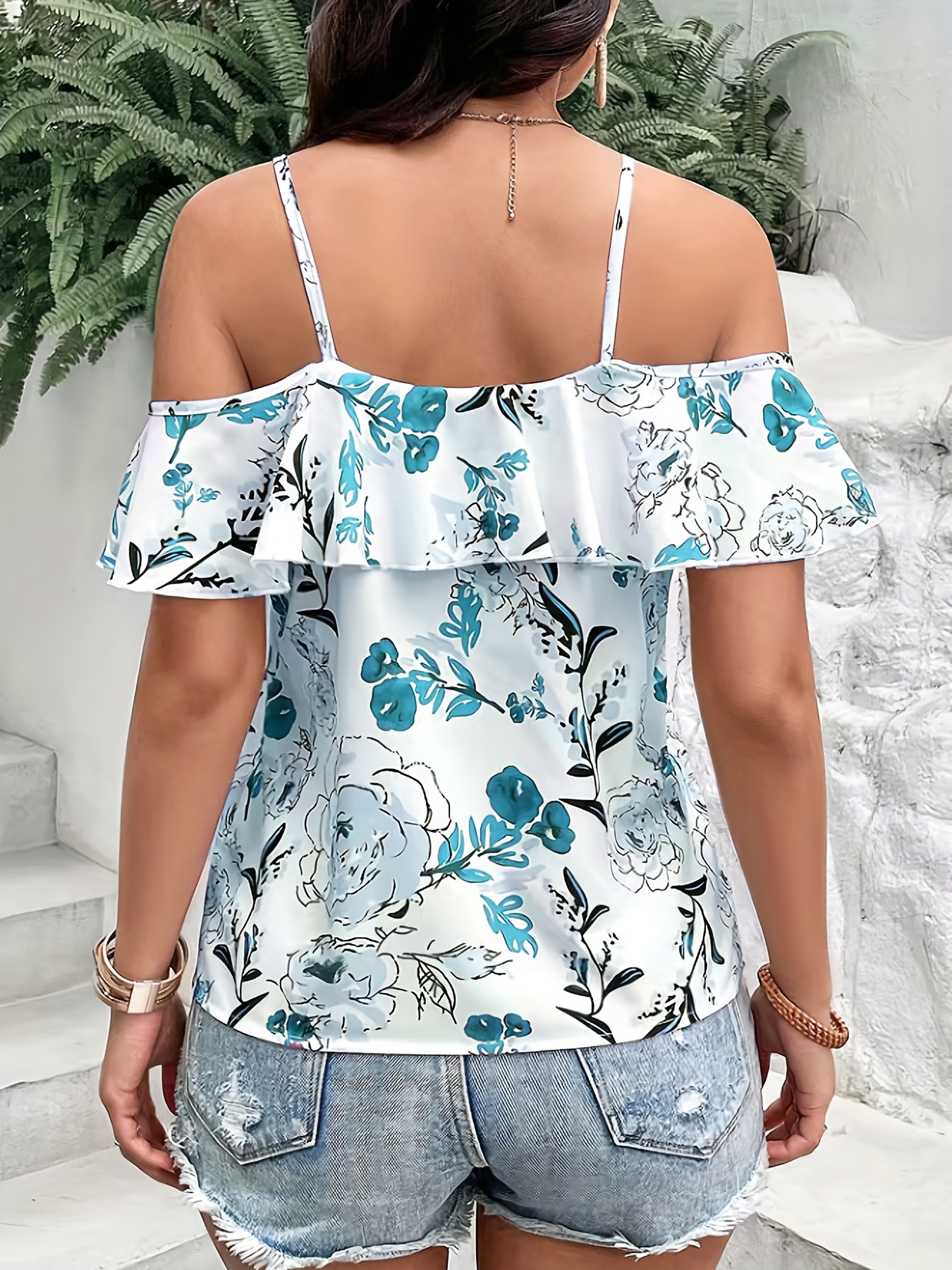 boho floral print spaghetti blouse vacation cold shoulder ruffle trim summer tops womens clothing details 20