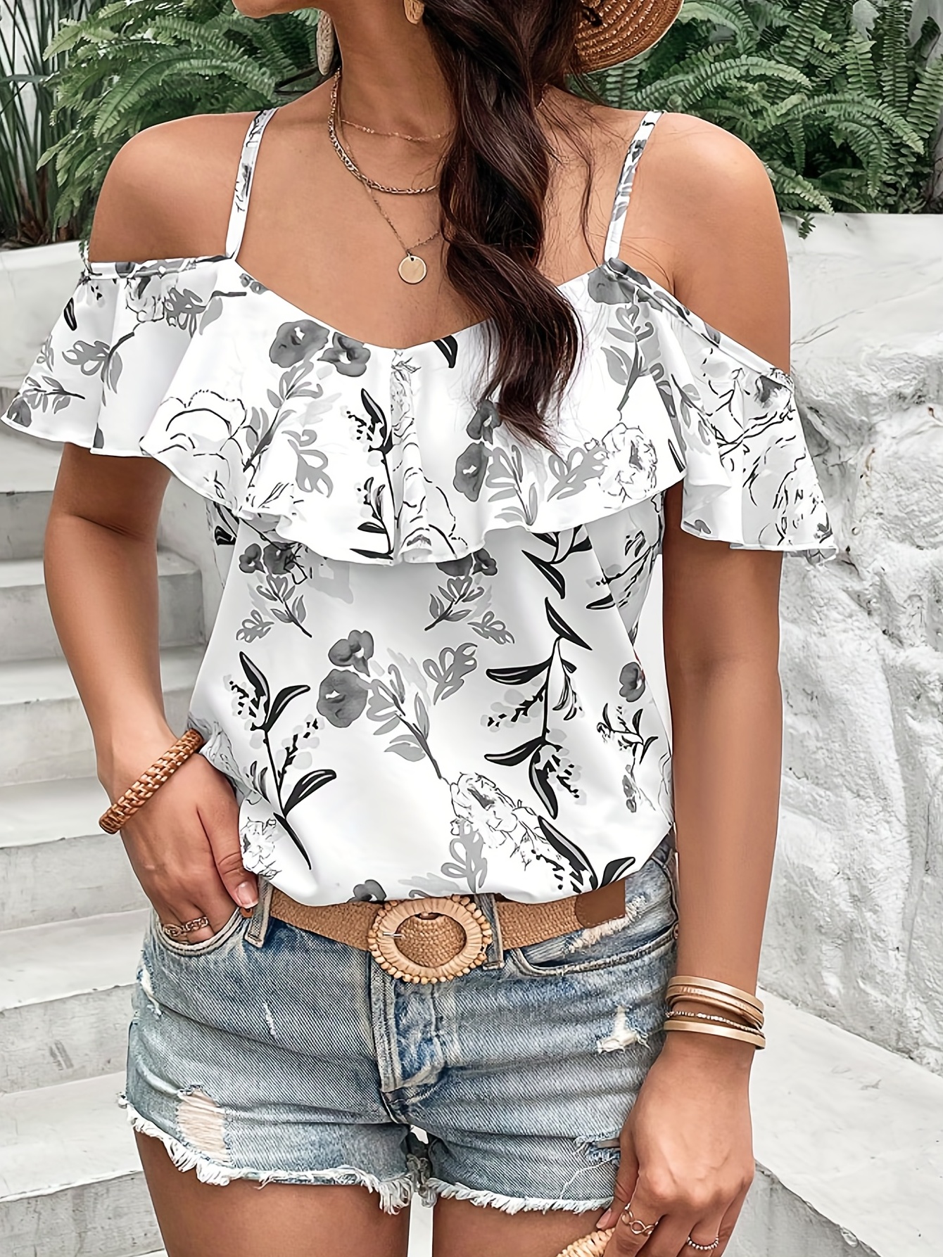 boho floral print spaghetti blouse vacation cold shoulder ruffle trim summer tops womens clothing details 25