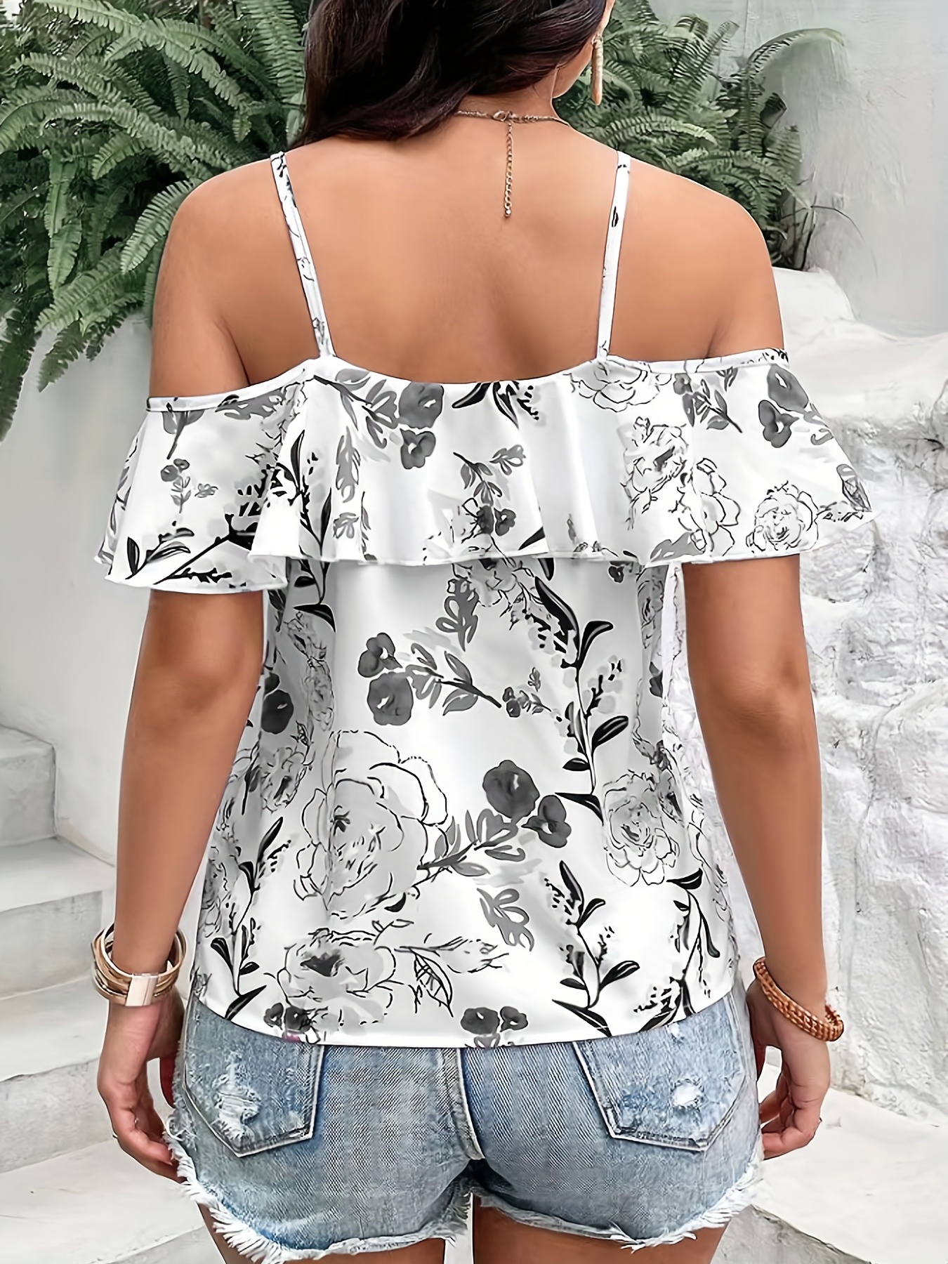 boho floral print spaghetti blouse vacation cold shoulder ruffle trim summer tops womens clothing details 26