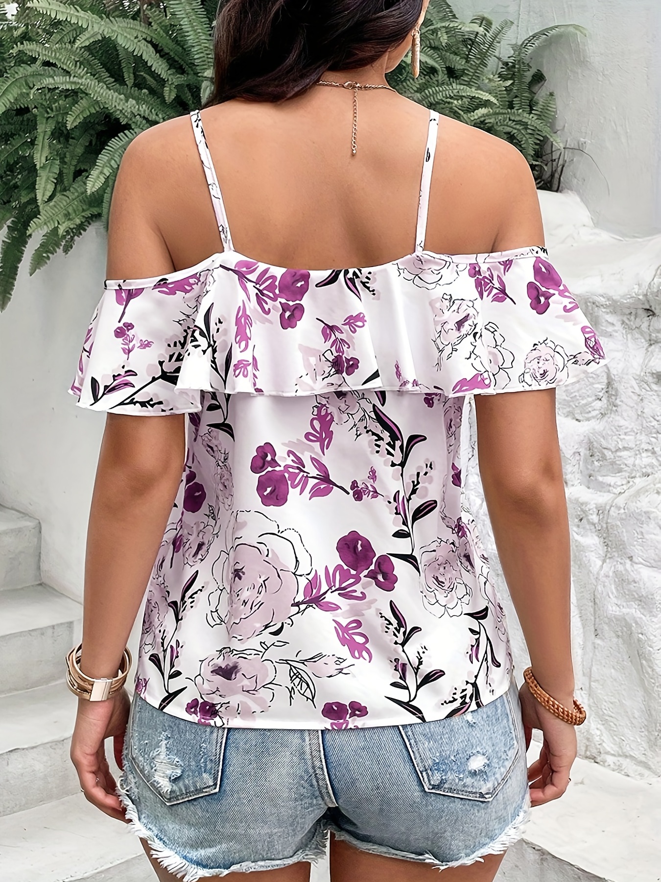 boho floral print spaghetti blouse vacation cold shoulder ruffle trim summer tops womens clothing details 32