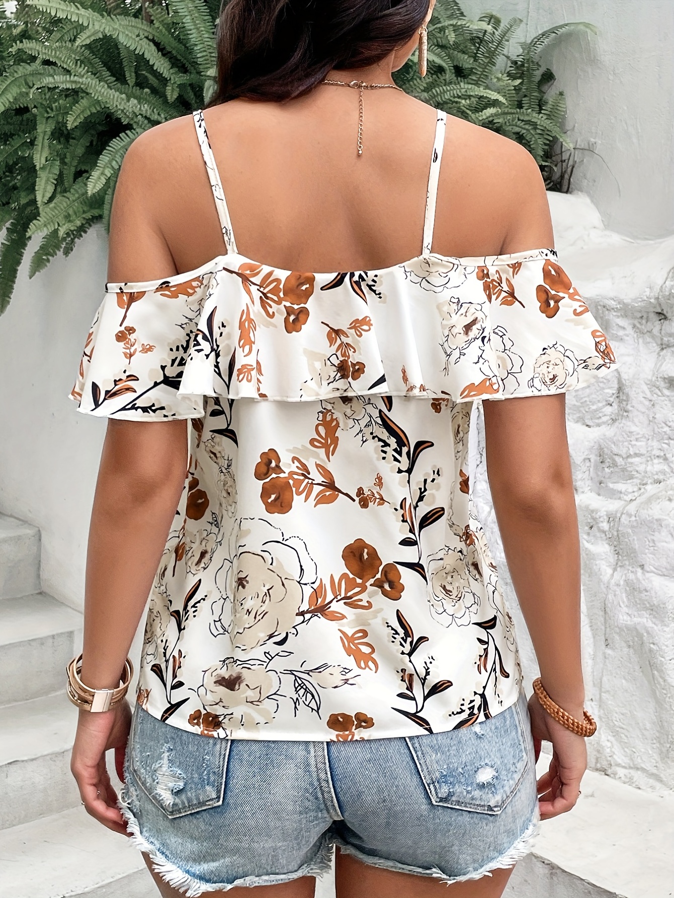 boho floral print spaghetti blouse vacation cold shoulder ruffle trim summer tops womens clothing details 36