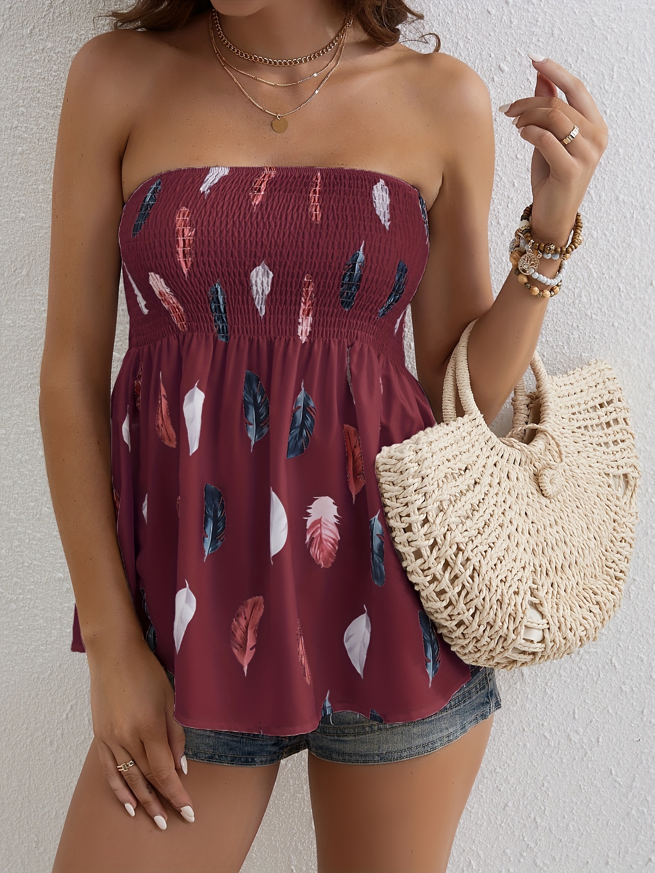 feather print shirred-feather print shirred flared tube top resort wear sleeveless top for summer womens clothing details 0