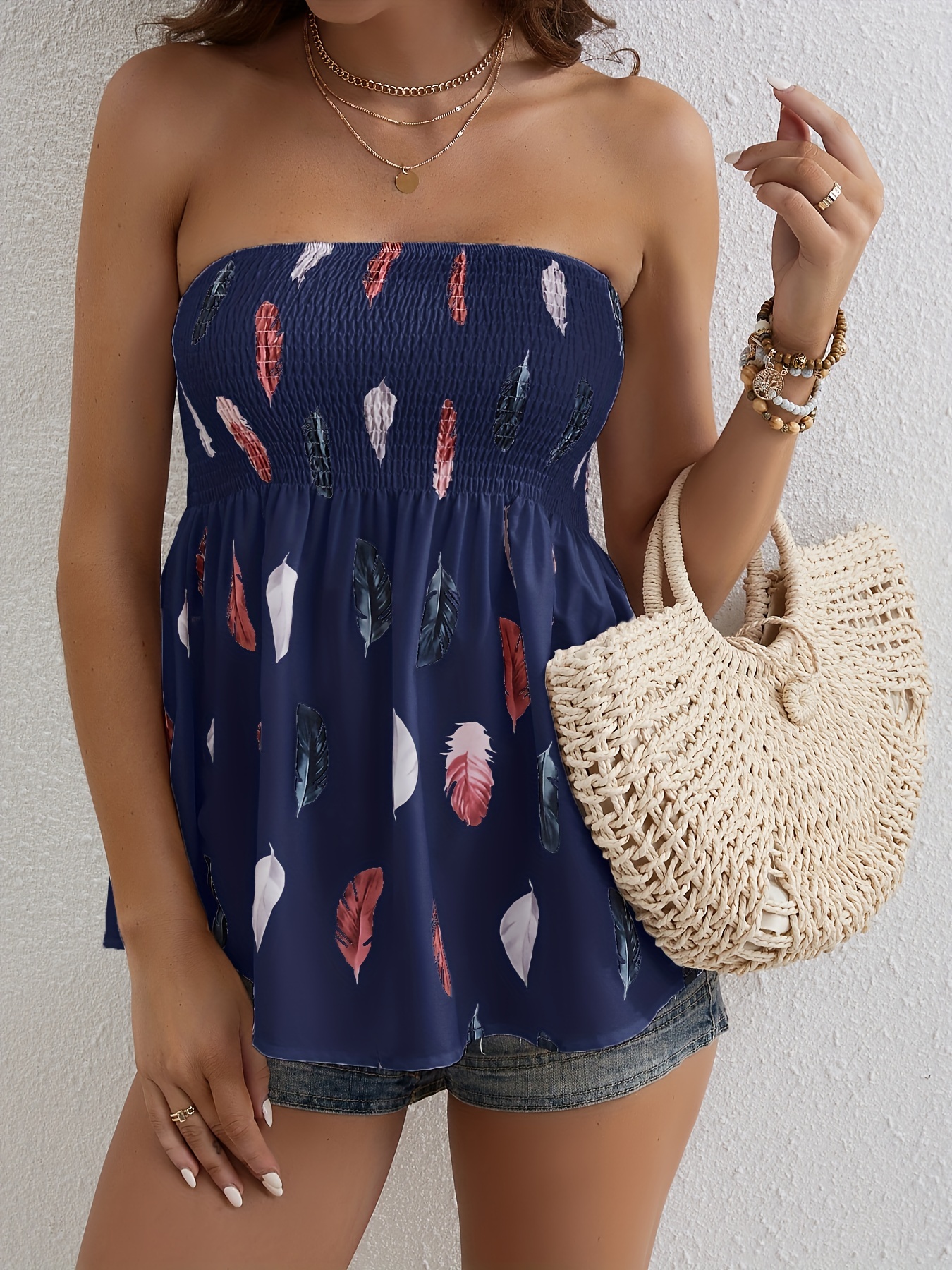 feather print shirred-feather print shirred flared tube top resort wear sleeveless top for summer womens clothing details 12