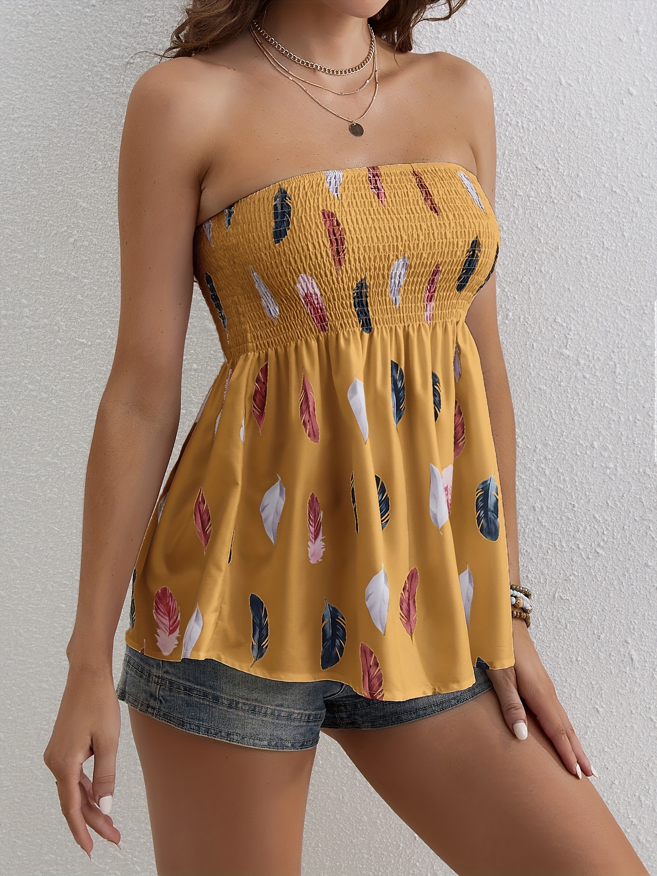 feather print shirred-feather print shirred flared tube top resort wear sleeveless top for summer womens clothing details 20