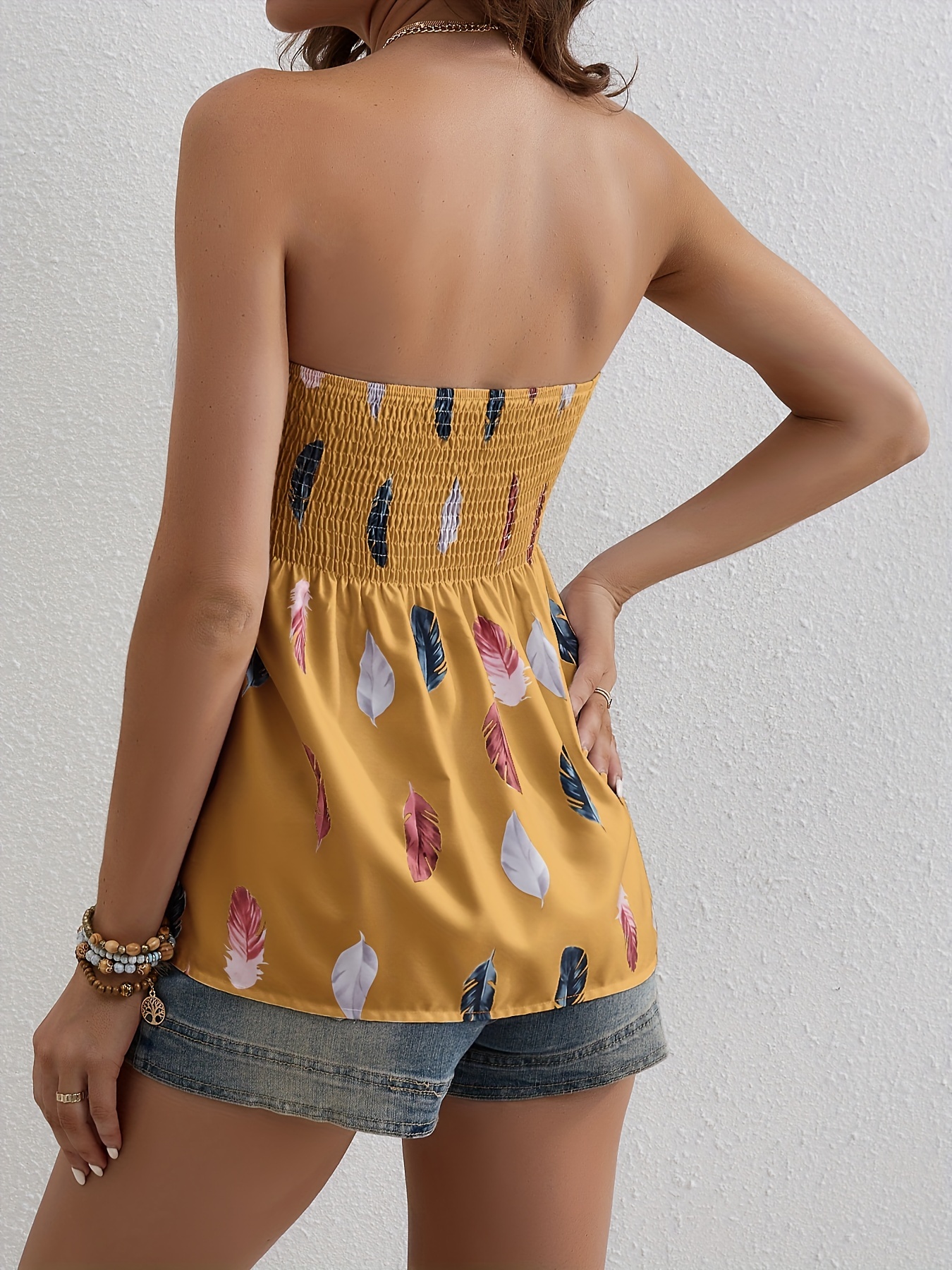 feather print shirred-feather print shirred flared tube top resort wear sleeveless top for summer womens clothing details 21