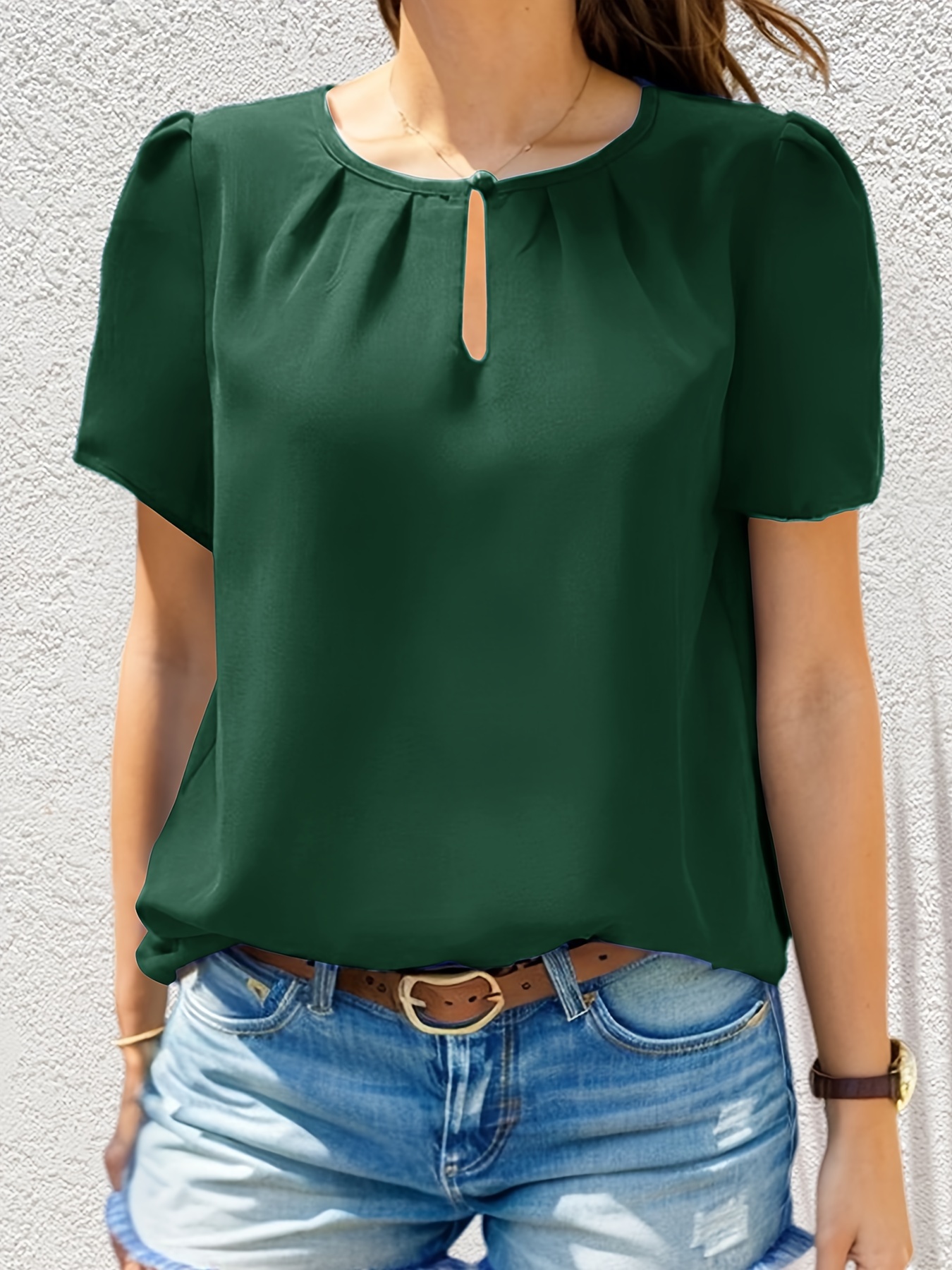 solid color crew neck keyhole blouse casual short sleeve blouse for spring summer womens clothing details 9