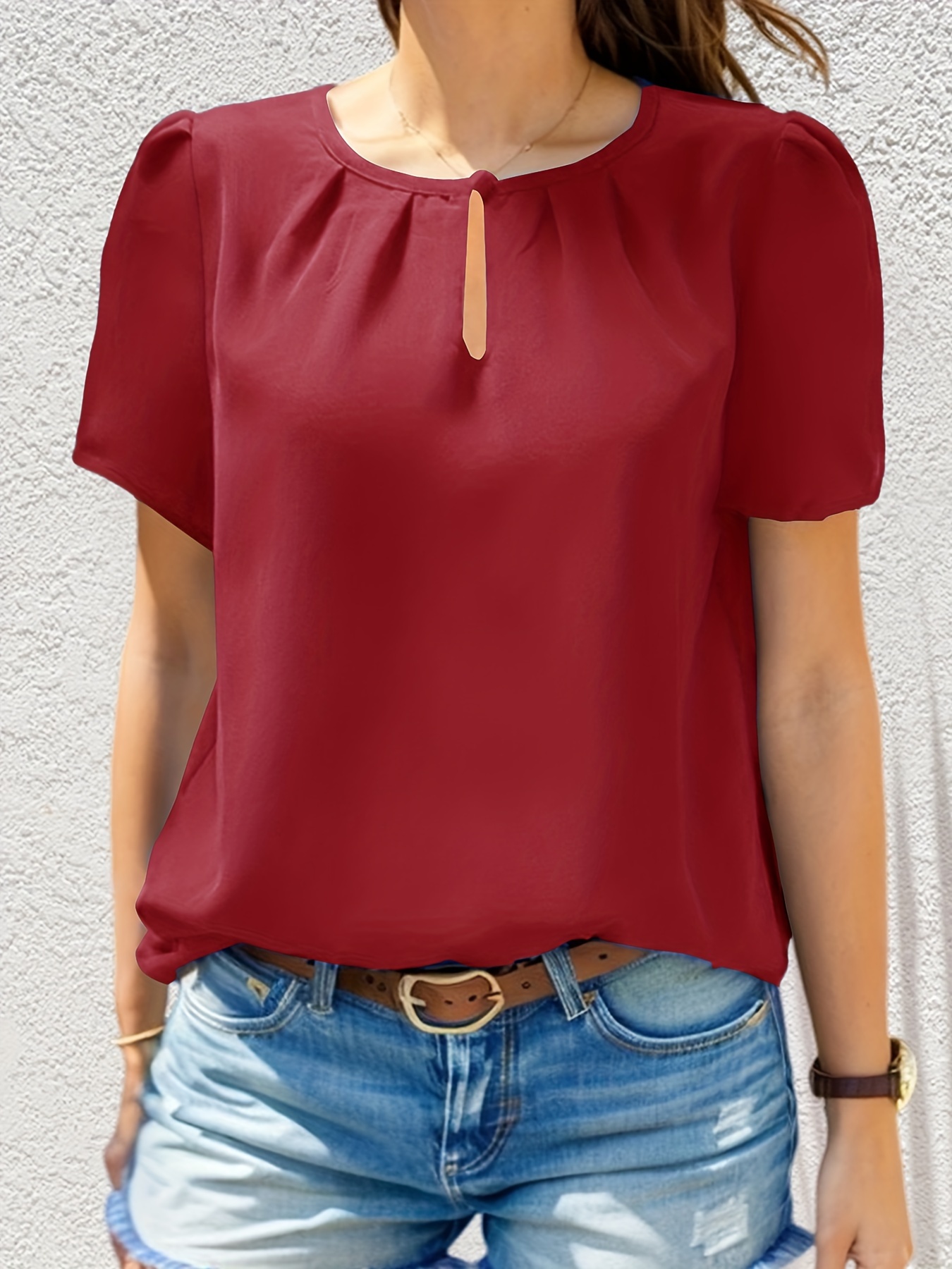 solid color crew neck keyhole blouse casual short sleeve blouse for spring summer womens clothing details 12