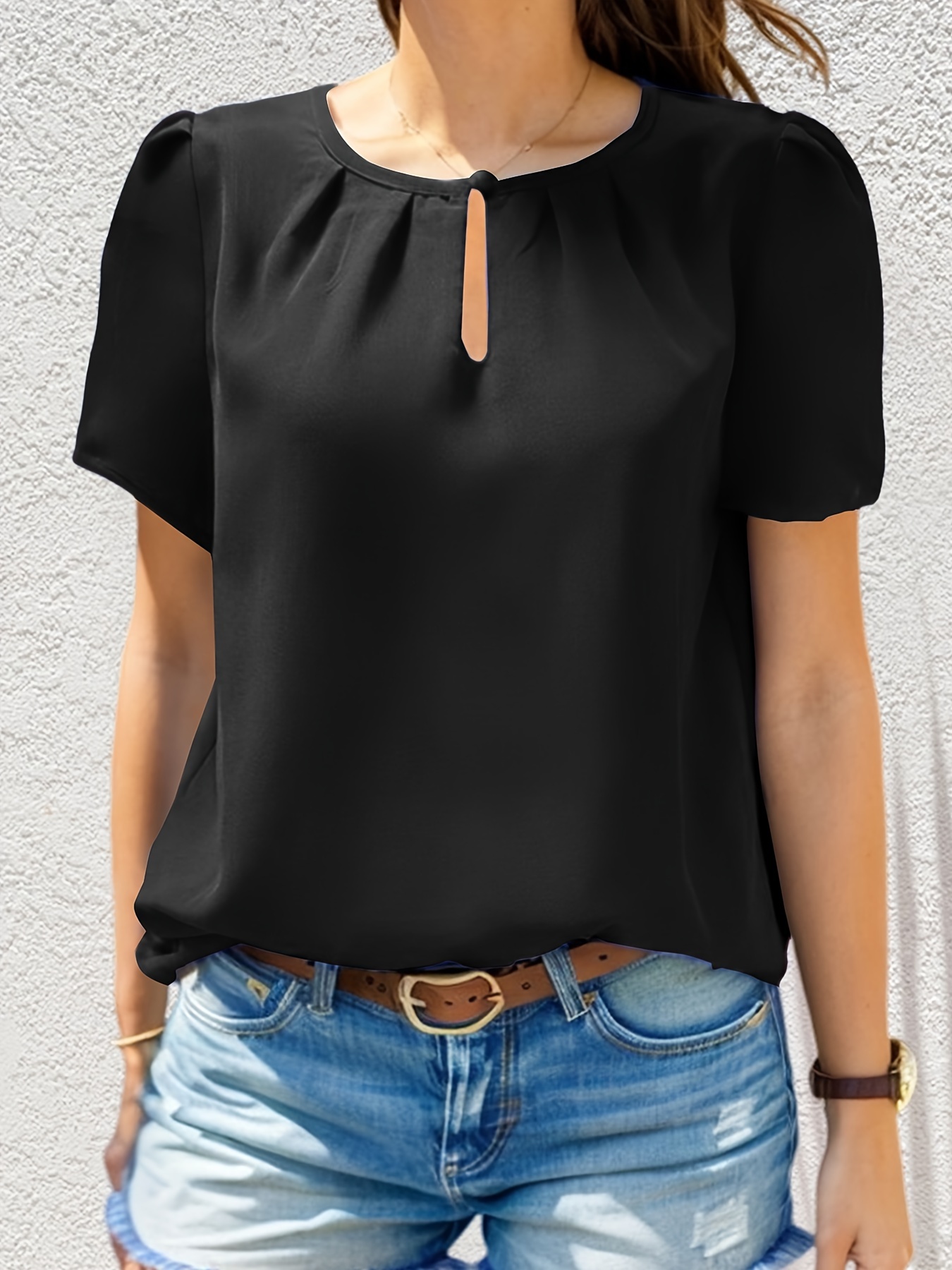 solid color crew neck keyhole blouse casual short sleeve blouse for spring summer womens clothing details 15