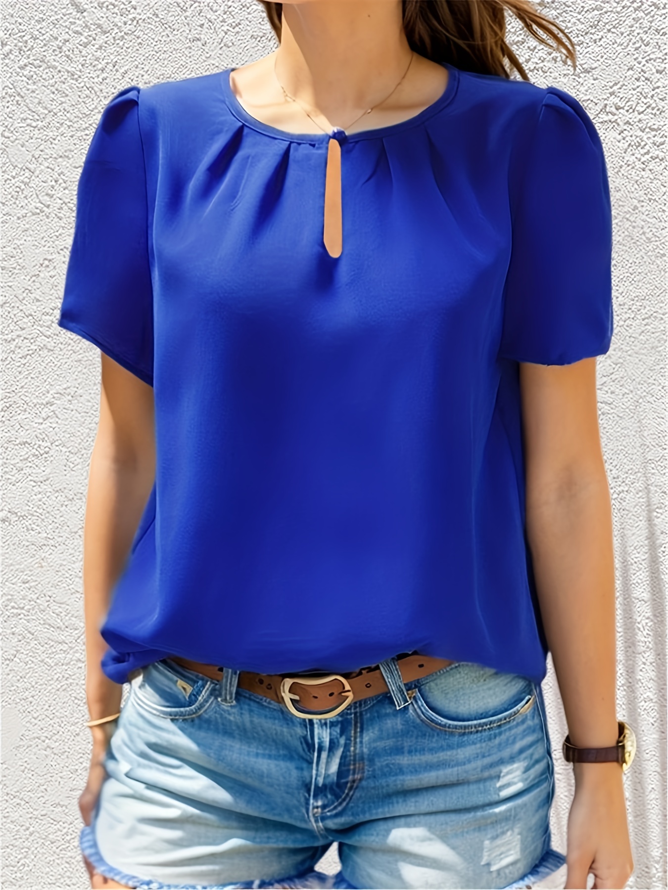 solid color crew neck keyhole blouse casual short sleeve blouse for spring summer womens clothing details 19