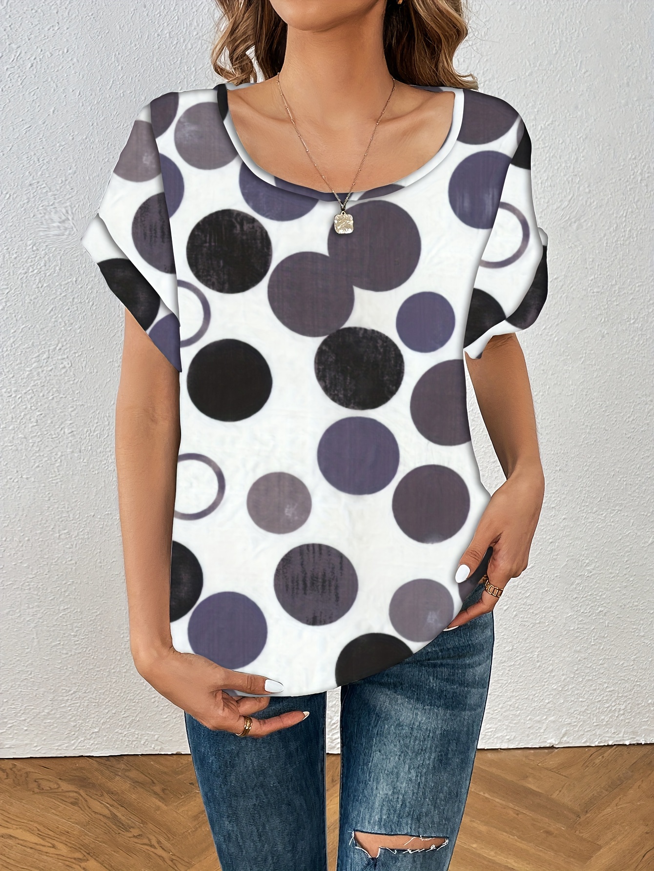 polka dot crew neck blouse casual short sleeve summer comfy blouse womens clothing details 3