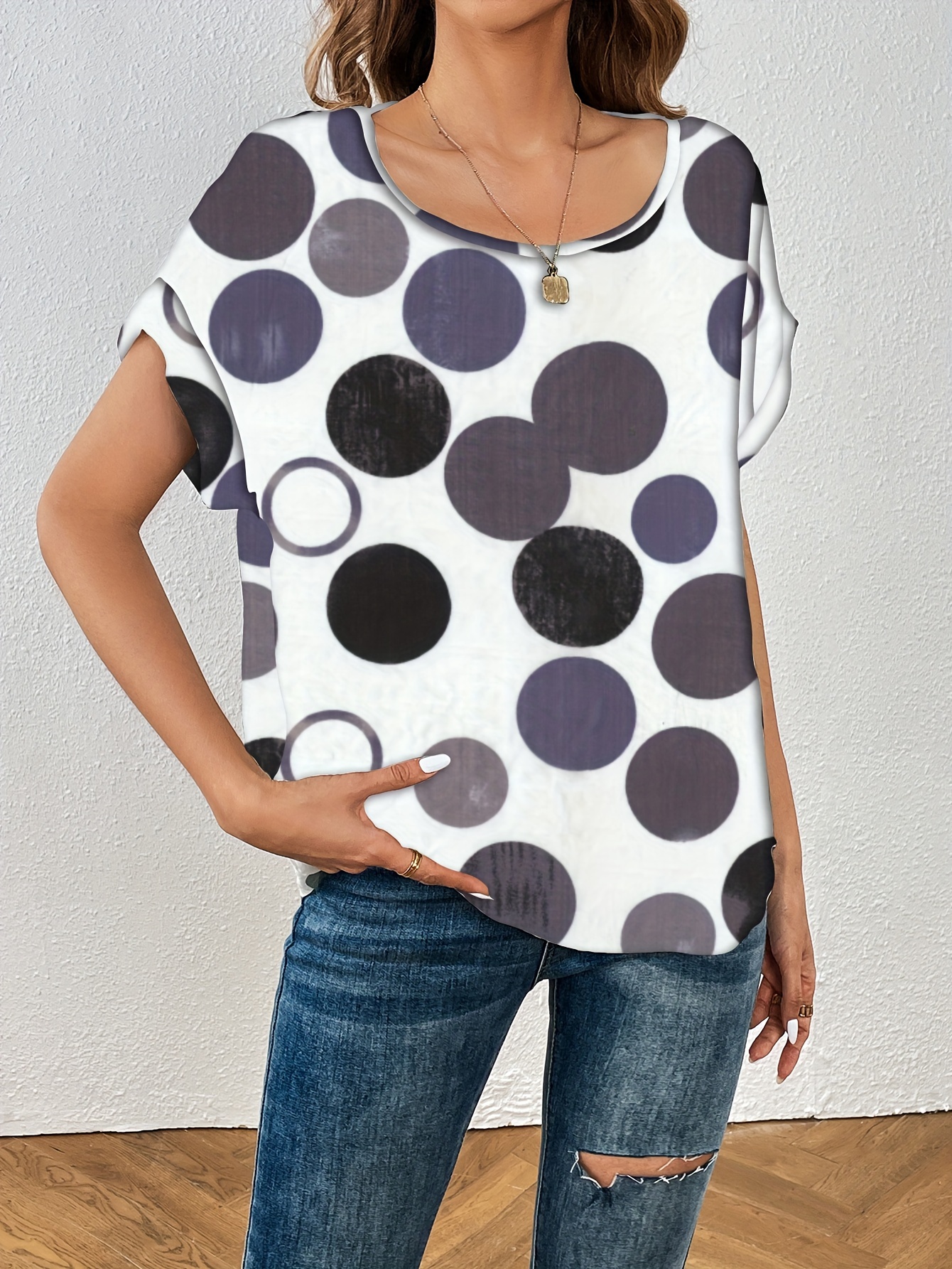 polka dot crew neck blouse casual short sleeve summer comfy blouse womens clothing details 5