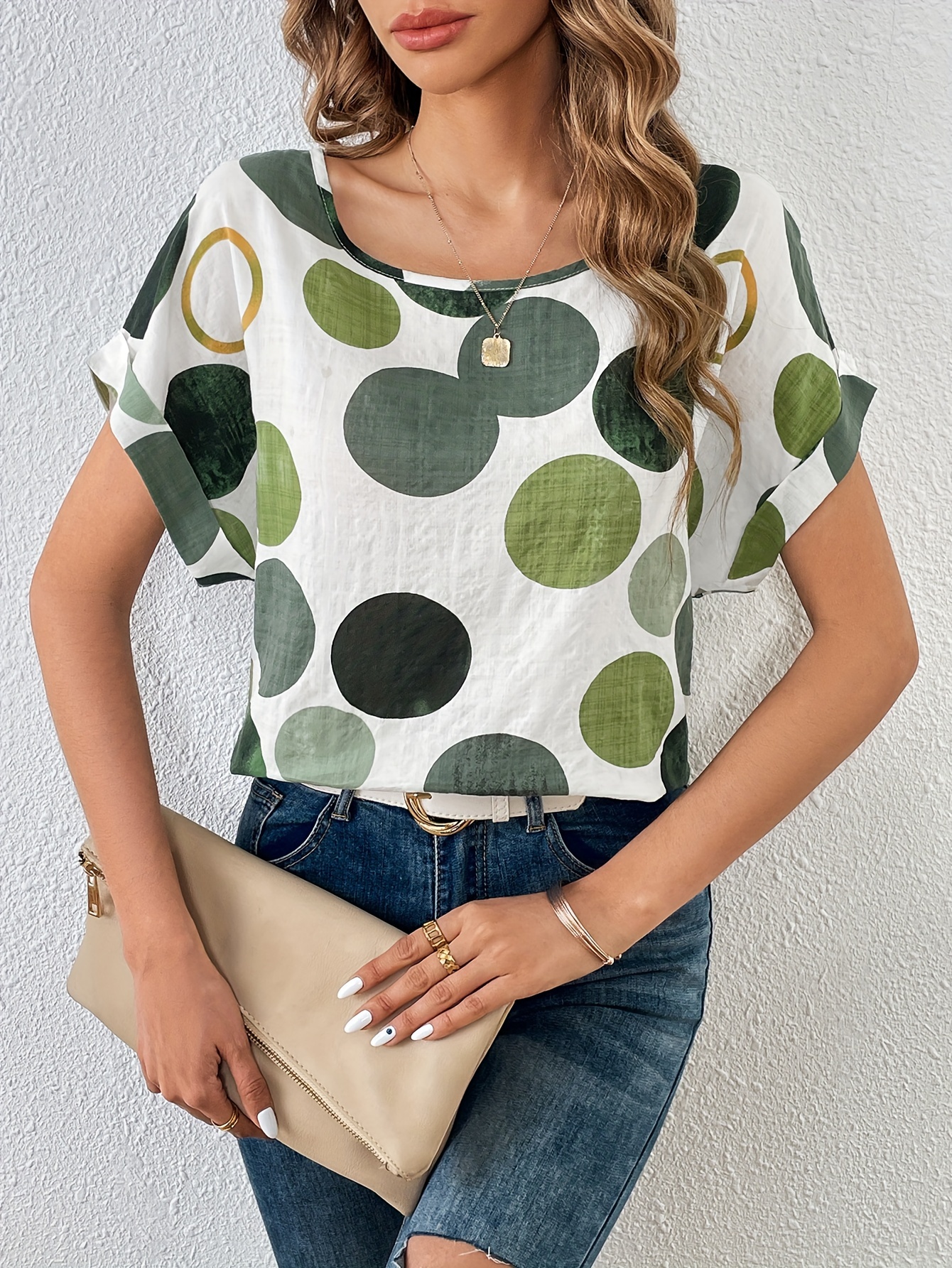 polka dot crew neck blouse casual short sleeve summer comfy blouse womens clothing details 7