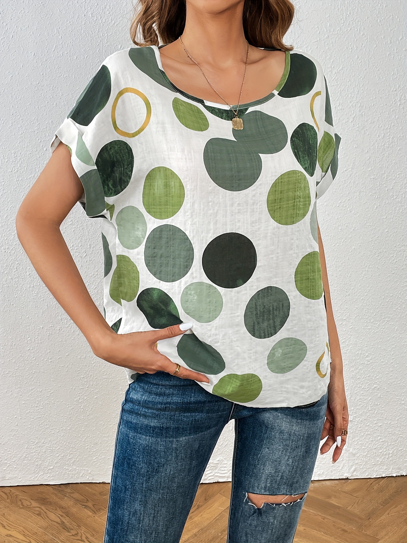 polka dot crew neck blouse casual short sleeve summer comfy blouse womens clothing details 8