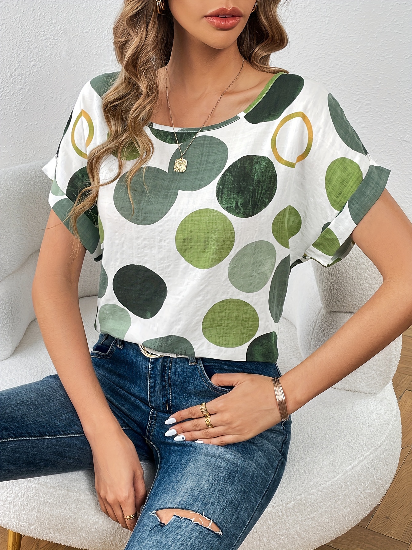 polka dot crew neck blouse casual short sleeve summer comfy blouse womens clothing details 10