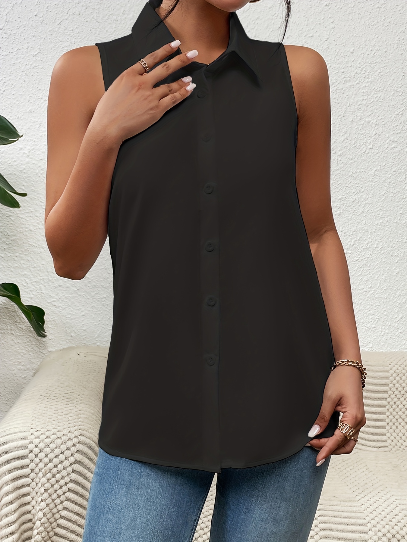 button front sleeveless shirt casual solid work office shirt with a collar womens clothing details 2