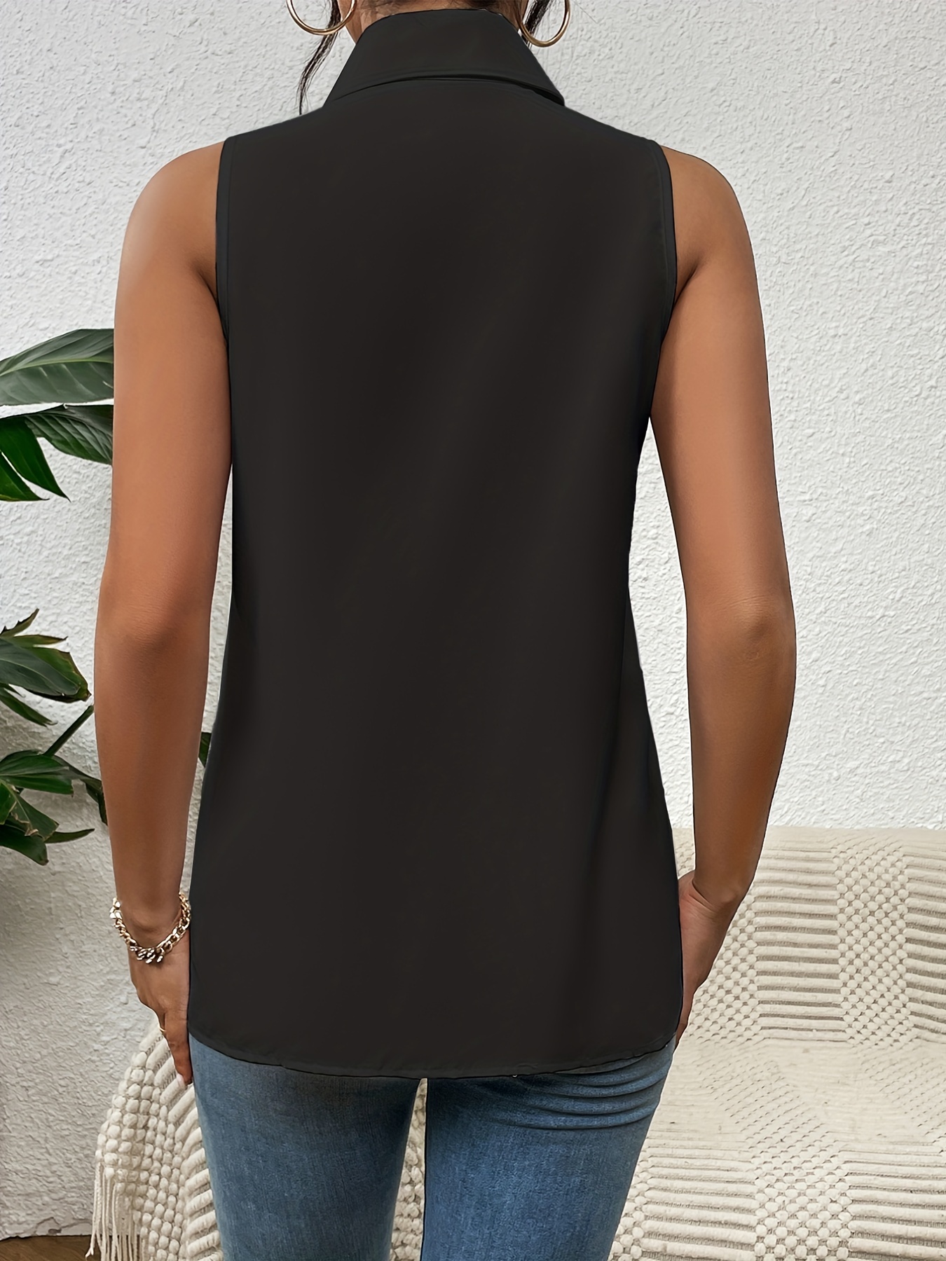 button front sleeveless shirt casual solid work office shirt with a collar womens clothing details 3