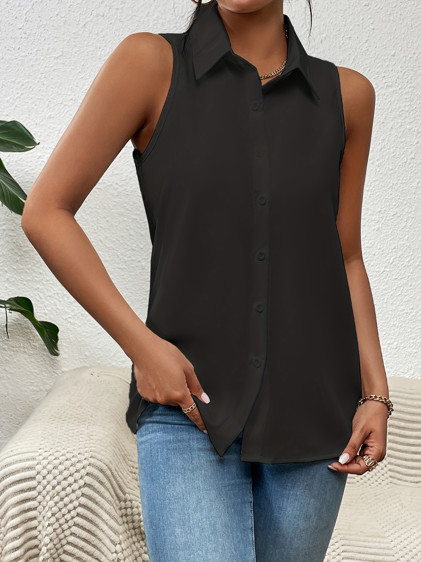 button front sleeveless shirt casual solid work office shirt with a collar womens clothing details 5