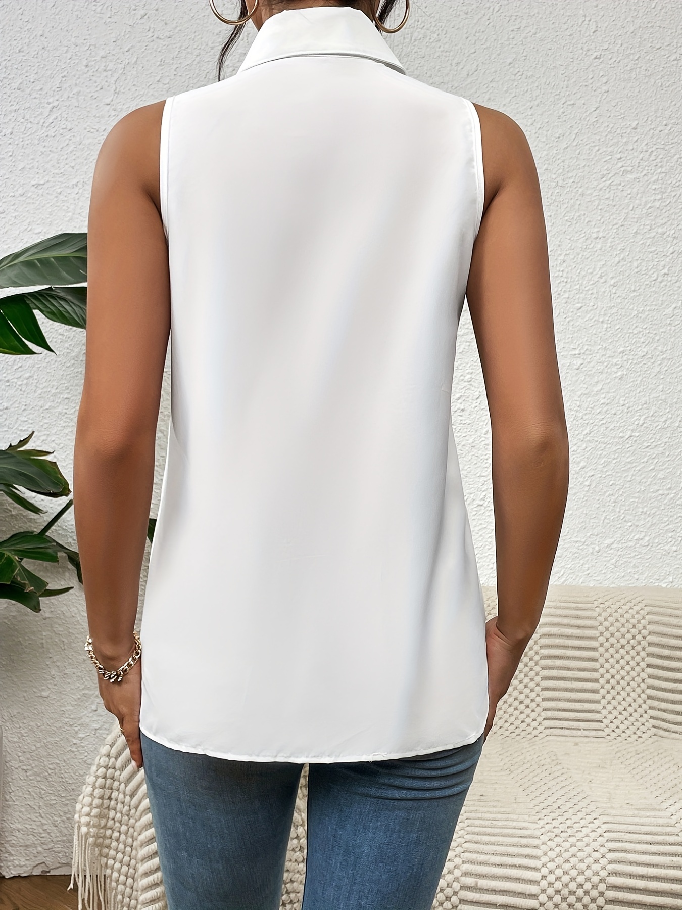 button front sleeveless shirt casual solid work office shirt with a collar womens clothing details 12