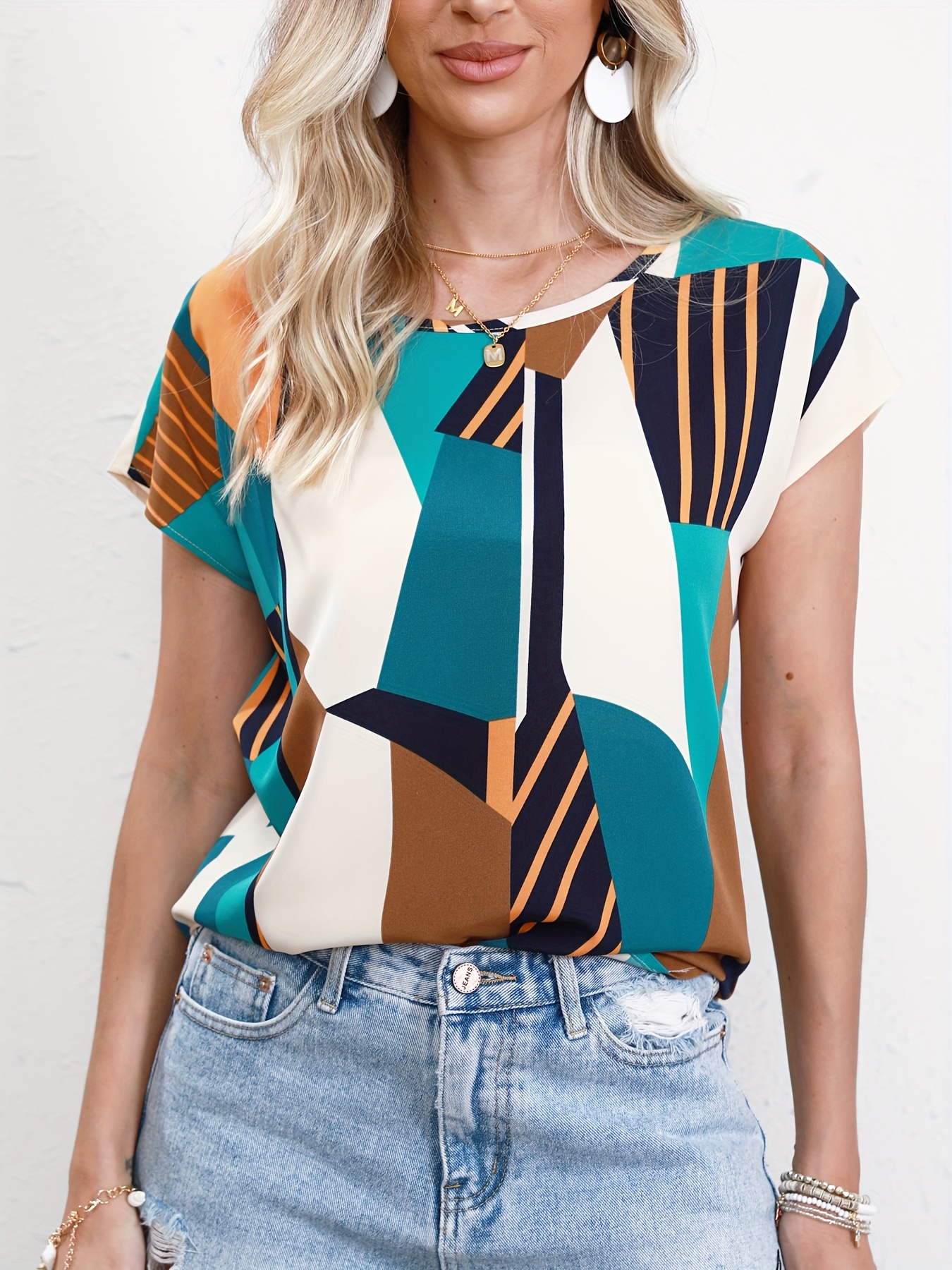 geometric print crew-geometric print crew neck blouse casual short sleeve blouse for spring summer womens clothing details 0