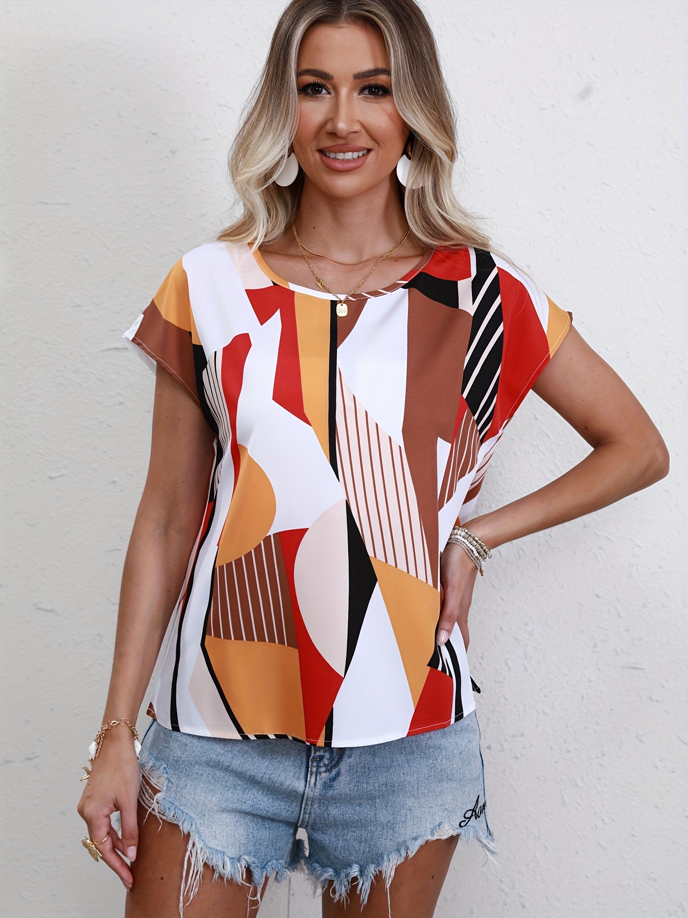 geometric print crew-geometric print crew neck blouse casual short sleeve blouse for spring summer womens clothing details 9