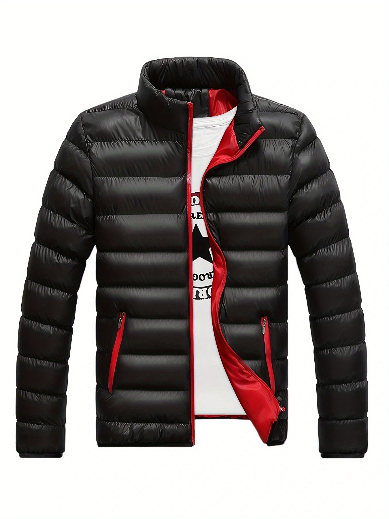 winter mens casual slim fit stand collar zipper up padded jacket details 0