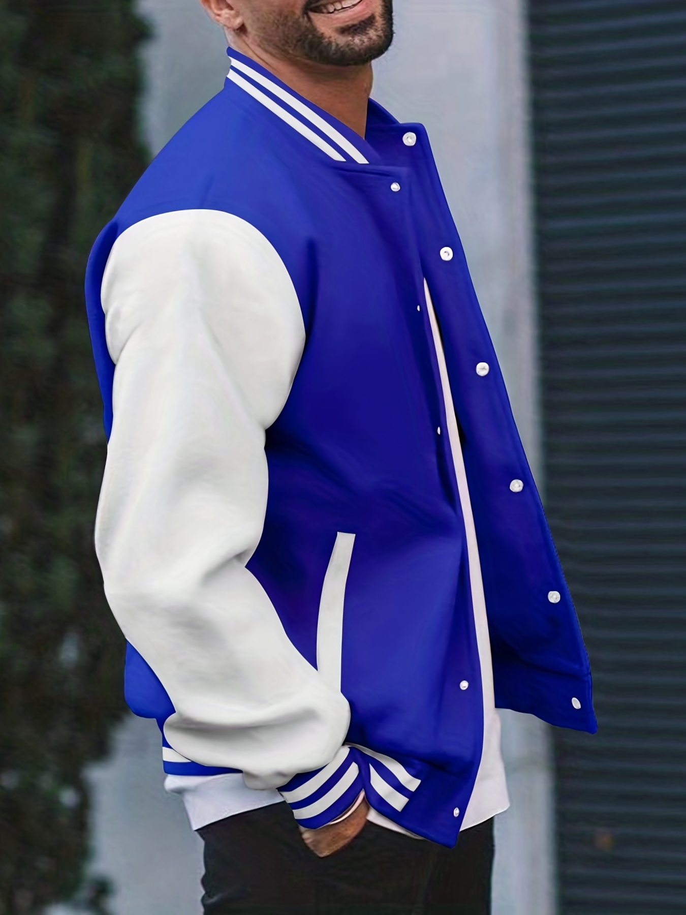 mens color block bomber jacket casual baseball collar varsity jacket for spring fall details 2