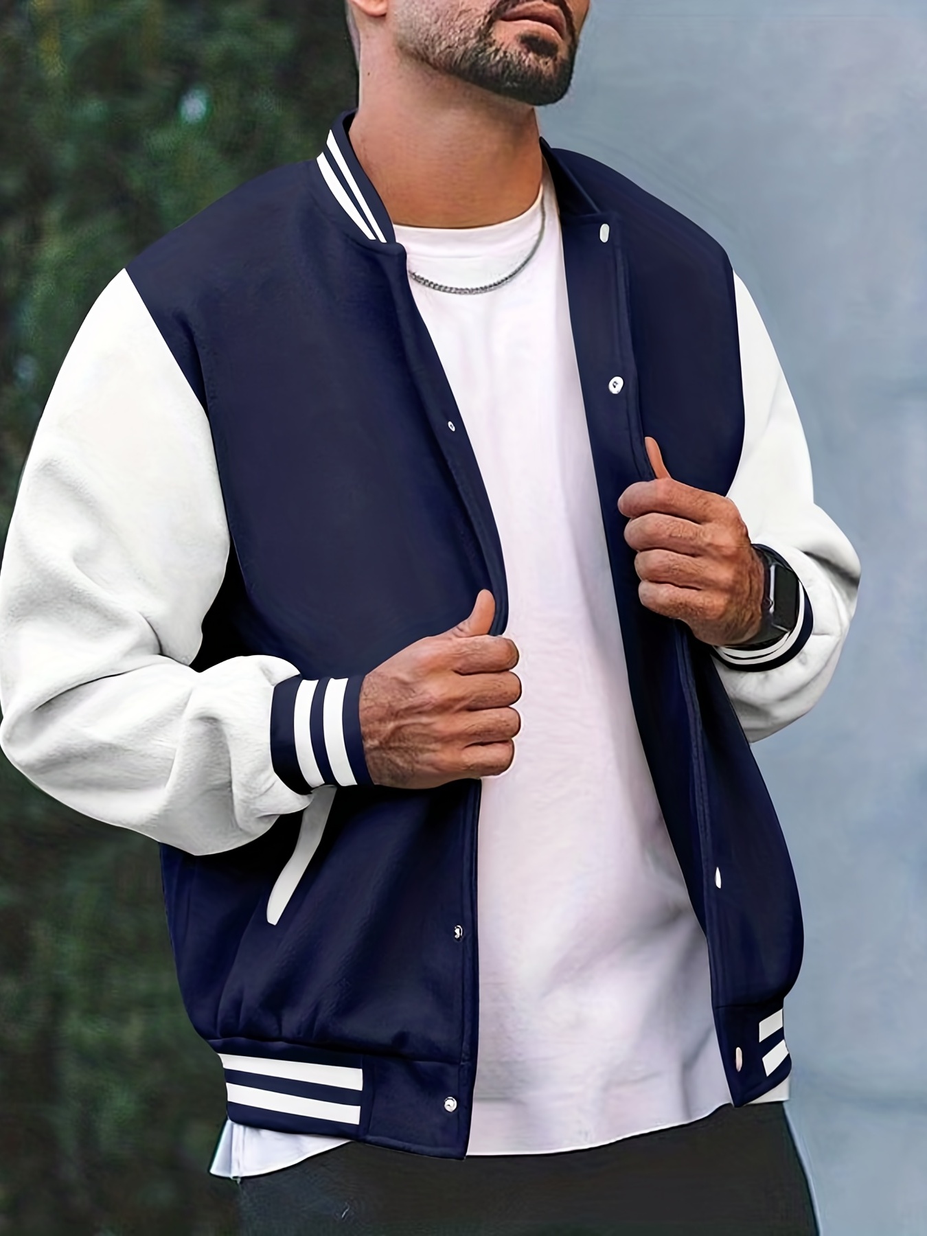 mens color block bomber jacket casual baseball collar varsity jacket for spring fall details 5