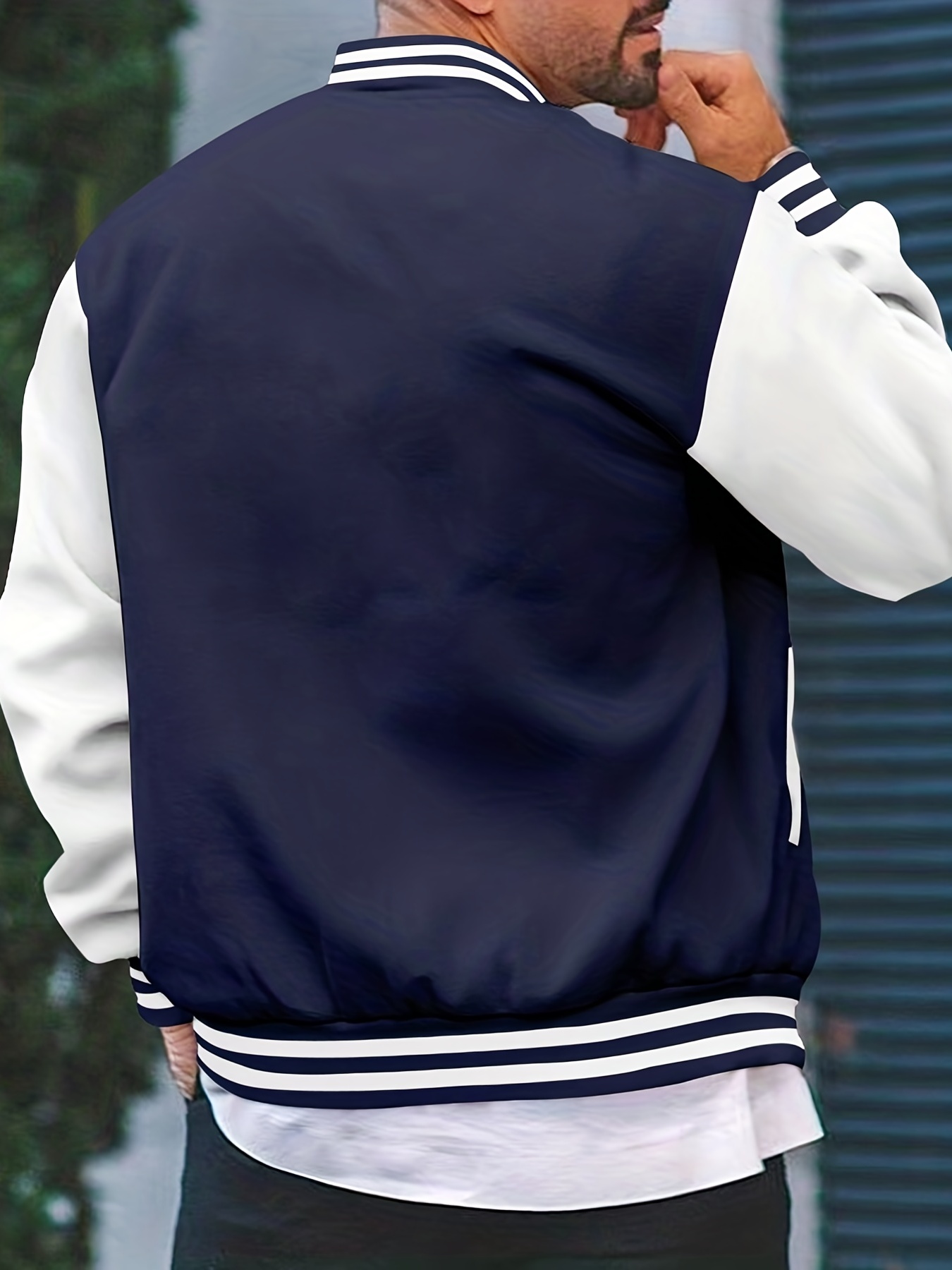 mens color block bomber jacket casual baseball collar varsity jacket for spring fall details 6