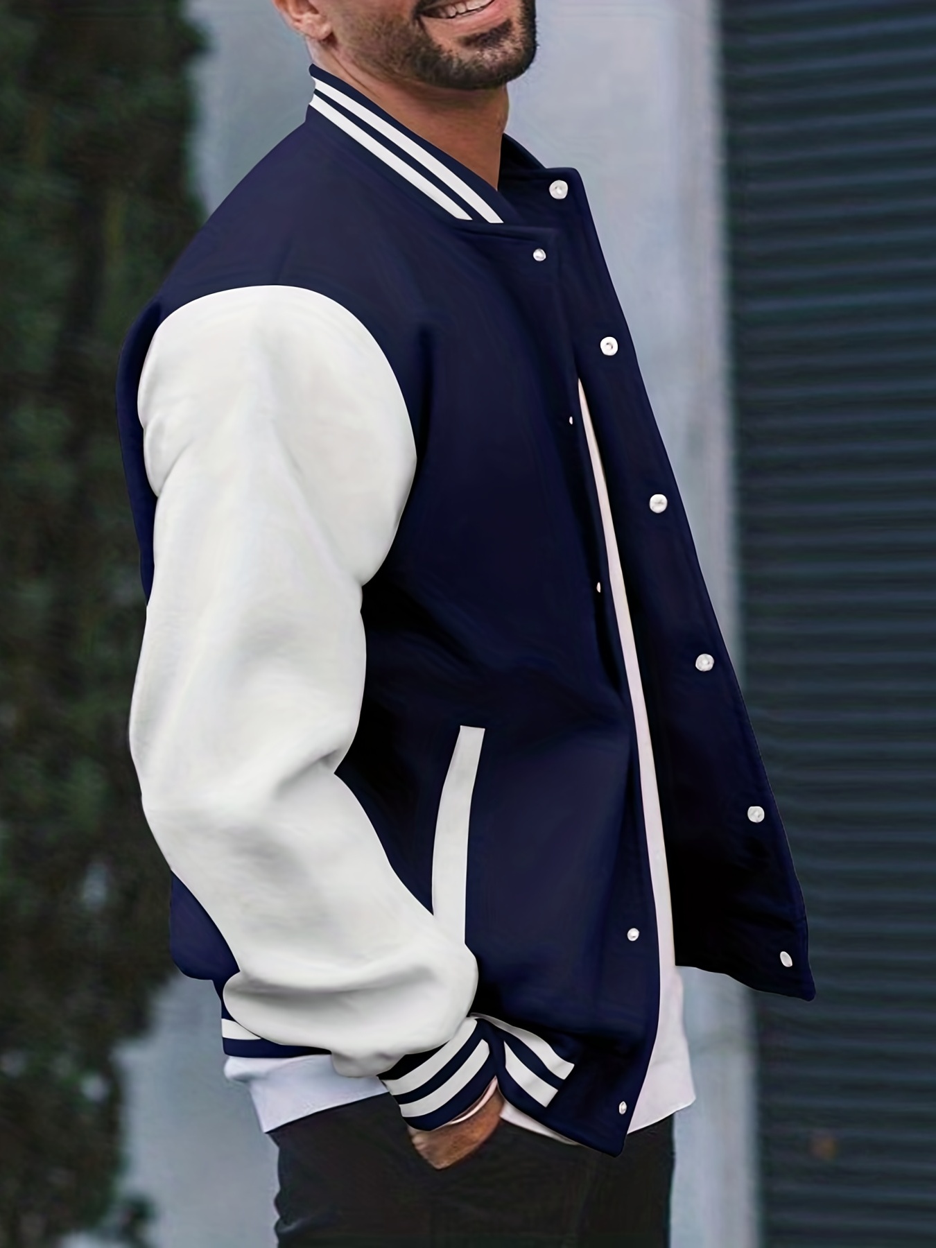 mens color block bomber jacket casual baseball collar varsity jacket for spring fall details 7