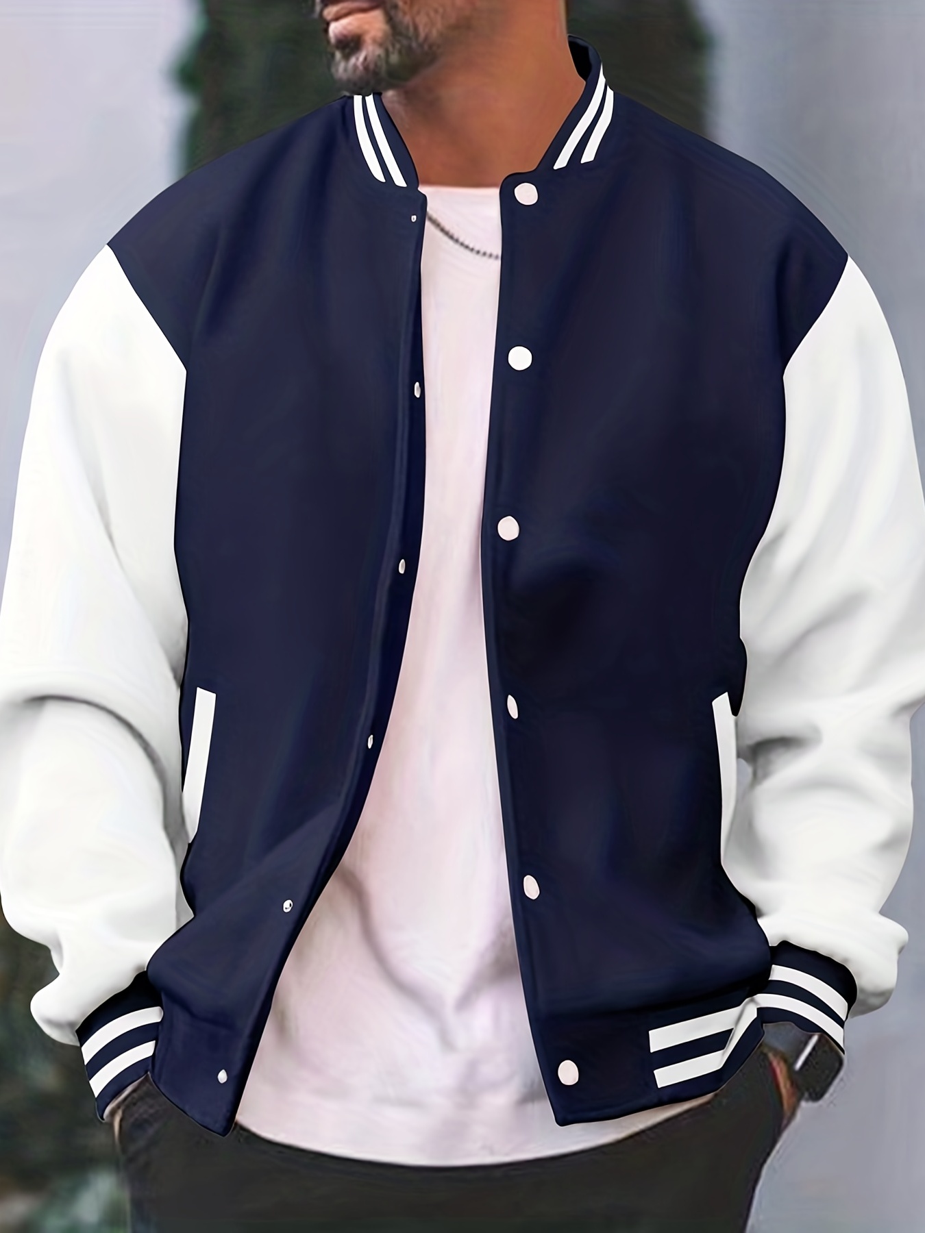 mens color block bomber jacket casual baseball collar varsity jacket for spring fall details 9