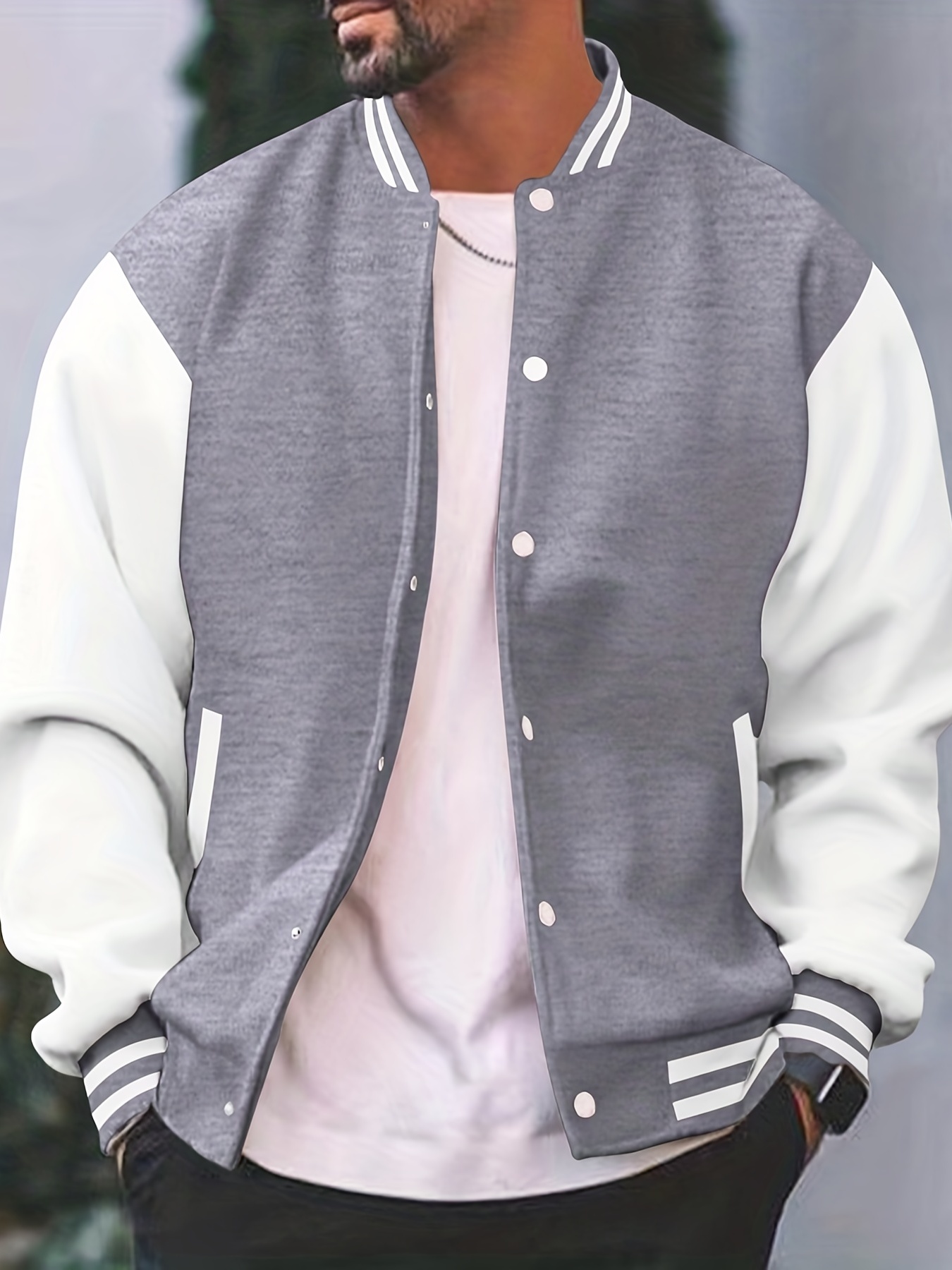 mens color block bomber jacket casual baseball collar varsity jacket for spring fall details 10