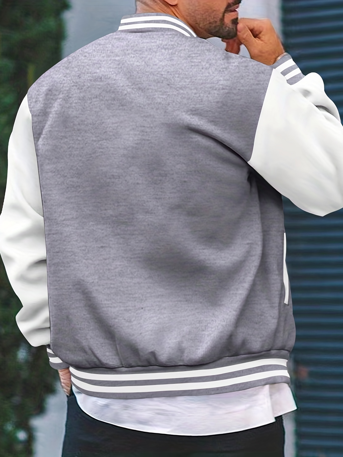 mens color block bomber jacket casual baseball collar varsity jacket for spring fall details 11