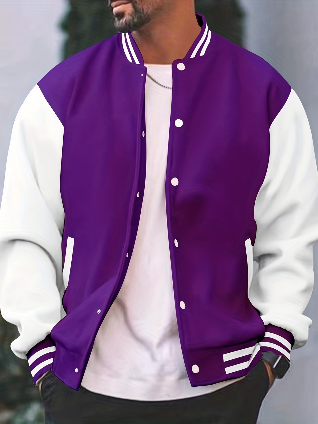 mens color block bomber jacket casual baseball collar varsity jacket for spring fall details 15