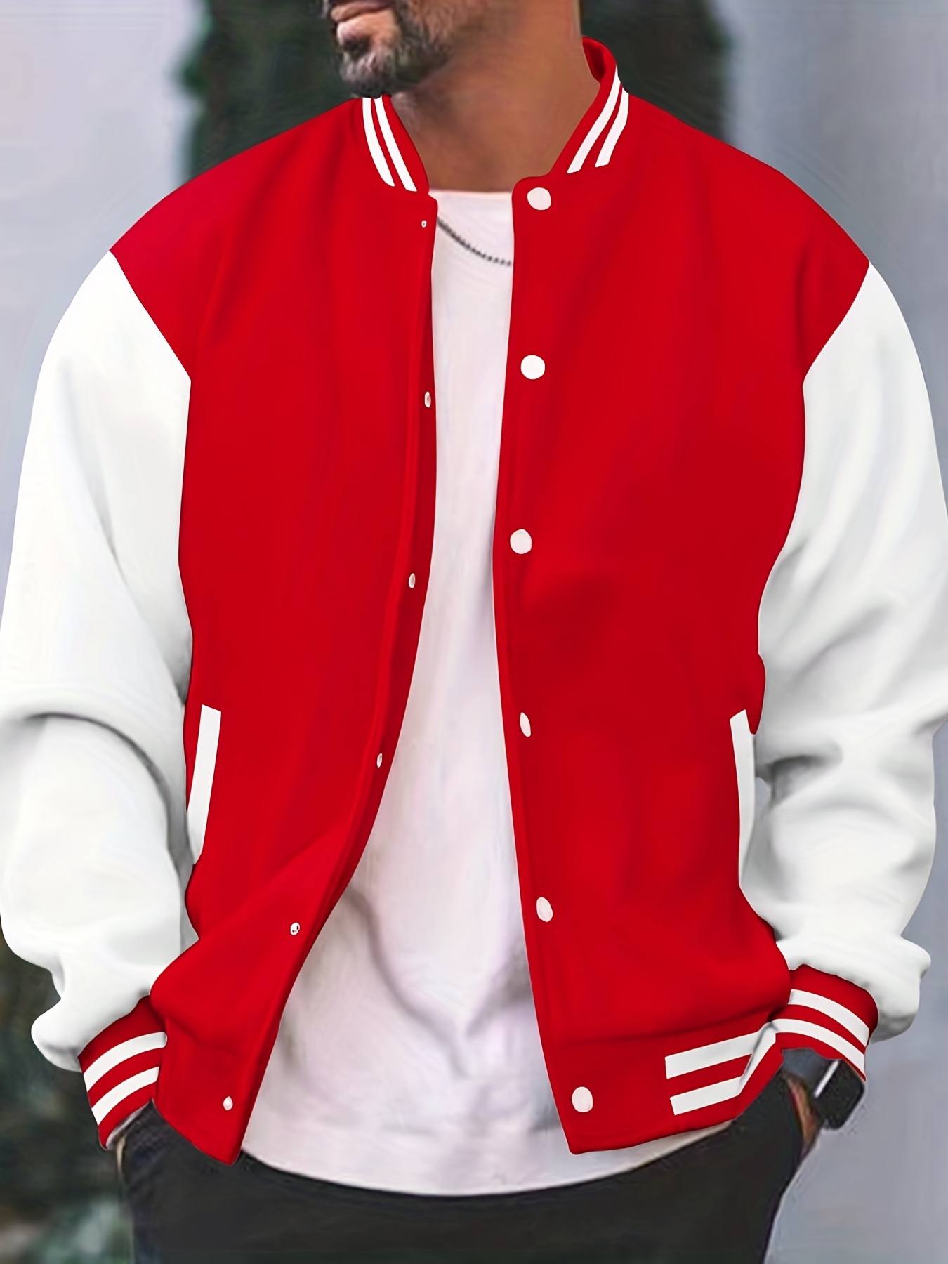 mens color block bomber jacket casual baseball collar varsity jacket for spring fall details 20