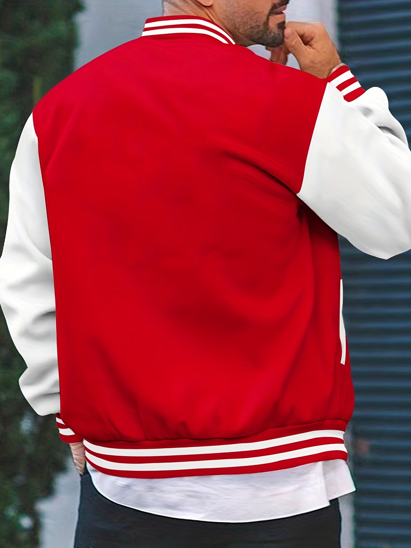 mens color block bomber jacket casual baseball collar varsity jacket for spring fall details 21