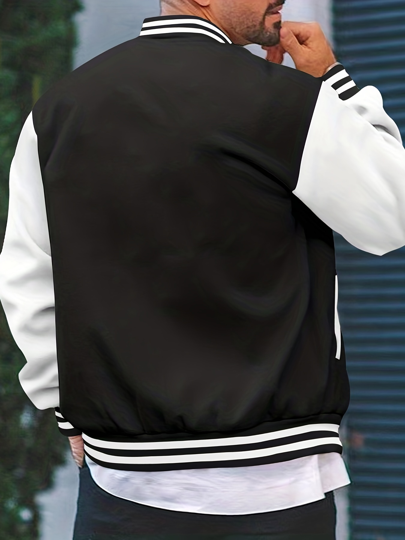 mens color block bomber jacket casual baseball collar varsity jacket for spring fall details 26