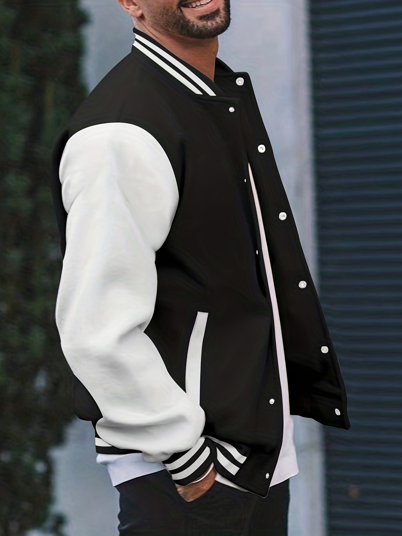 mens color block bomber jacket casual baseball collar varsity jacket for spring fall details 27